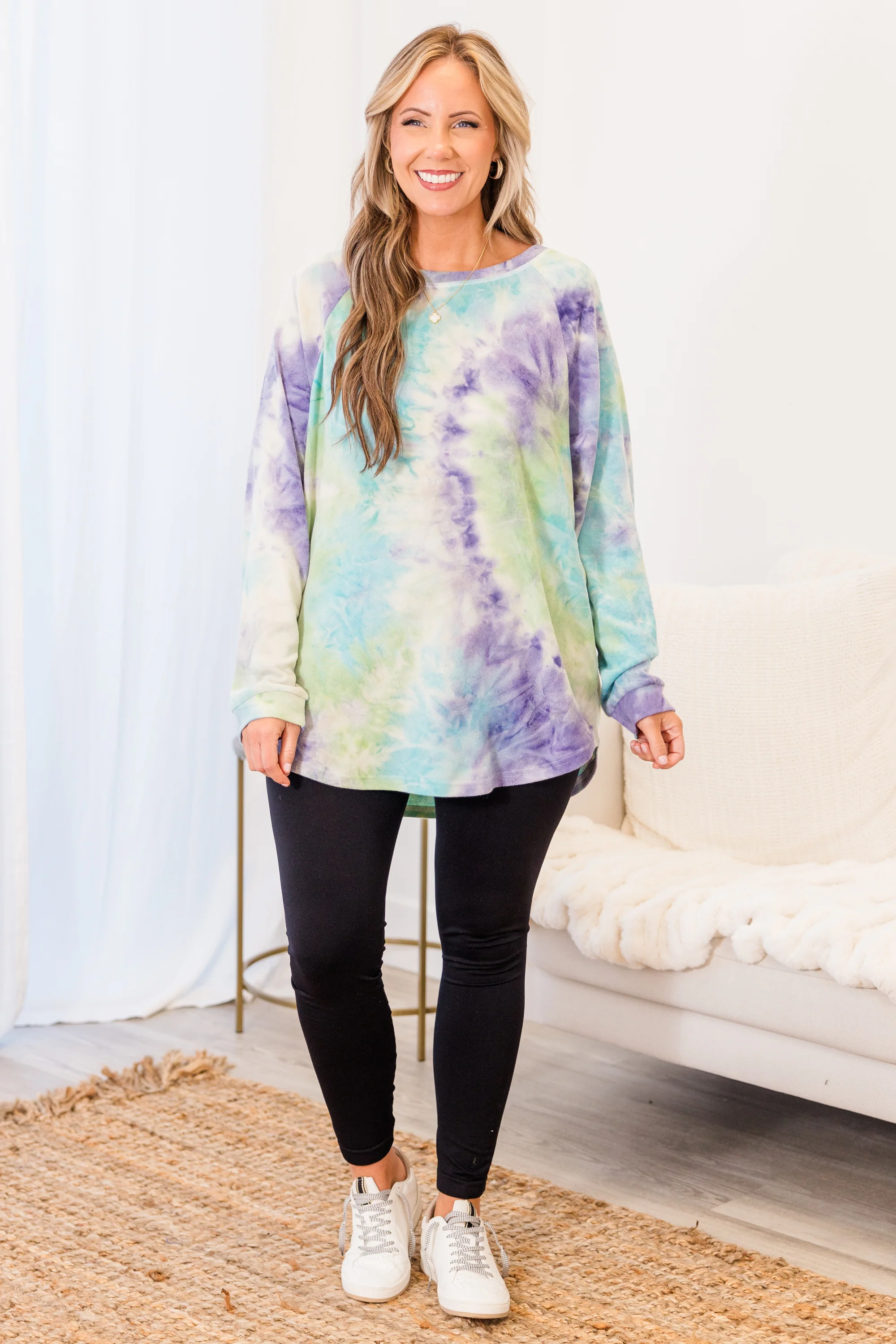 Curved Hem Slouchy Dolman Tunic, Tie Dye Purple - Giverhouse
