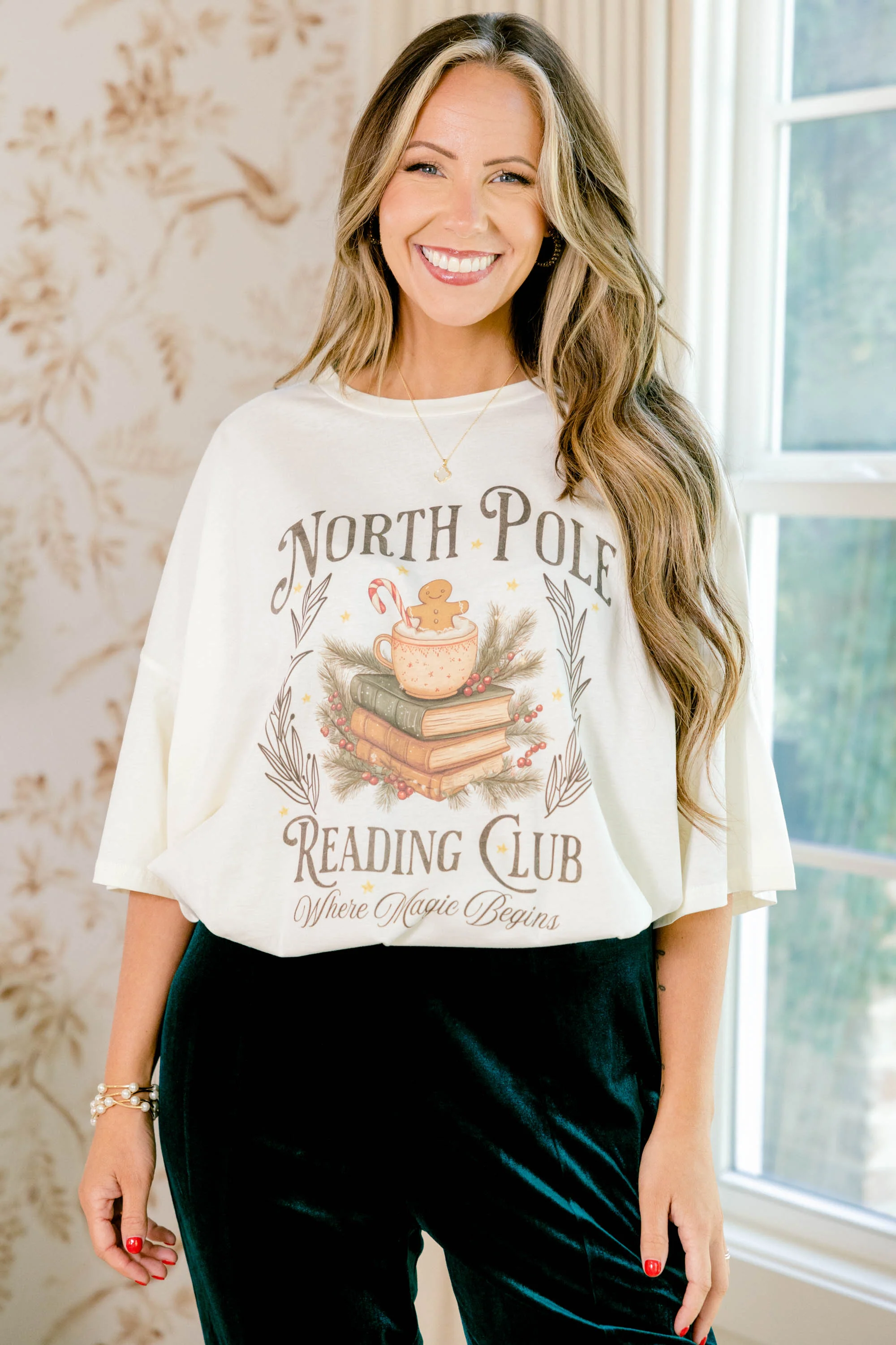 North Pole Reading Club Boyfriend Tee, Ivory - Giverhouse