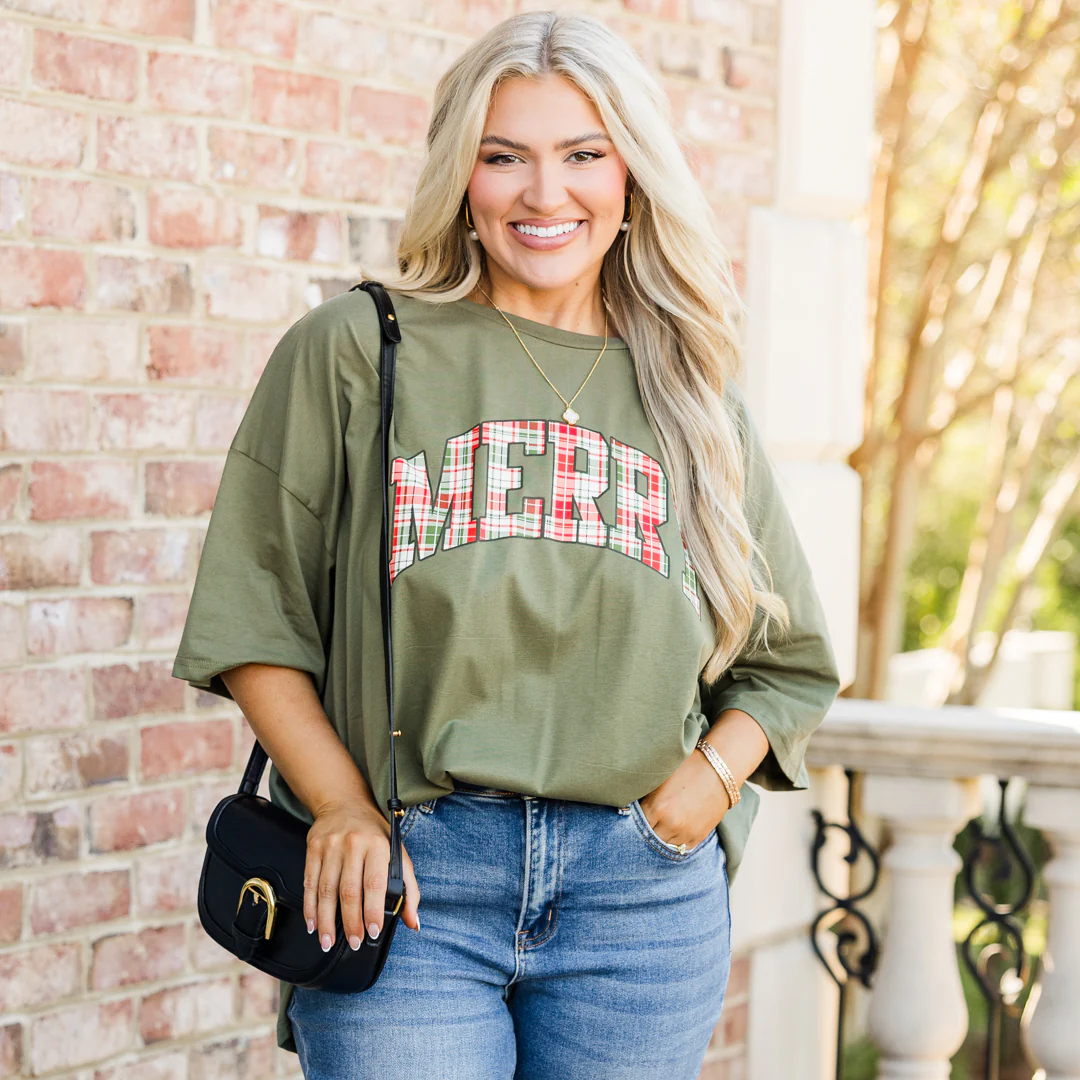 Merry and Plaid Boyfriend Tee, Moss - Giverhouse