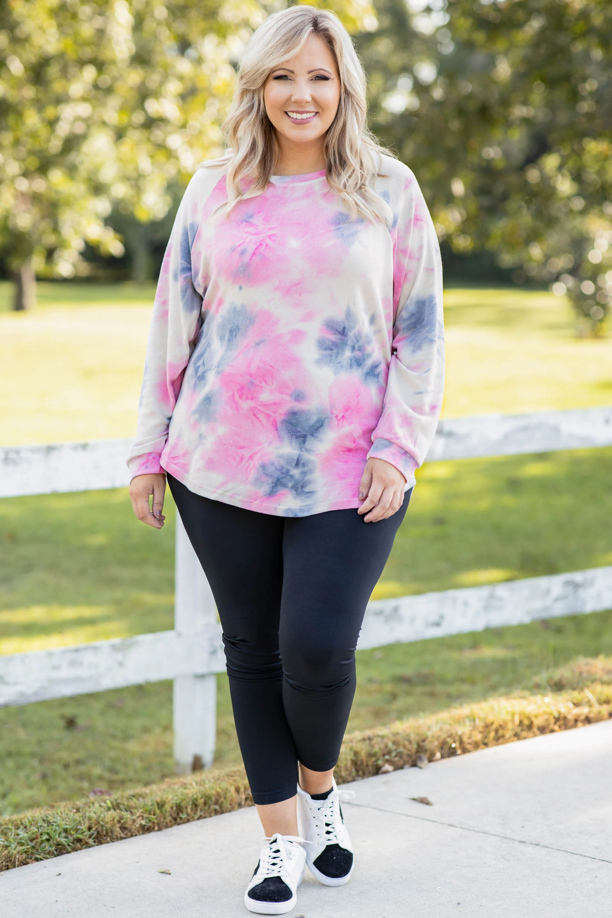 Curved Hem Slouchy Dolman Tunic, Tie Dye Pink - Giverhouse
