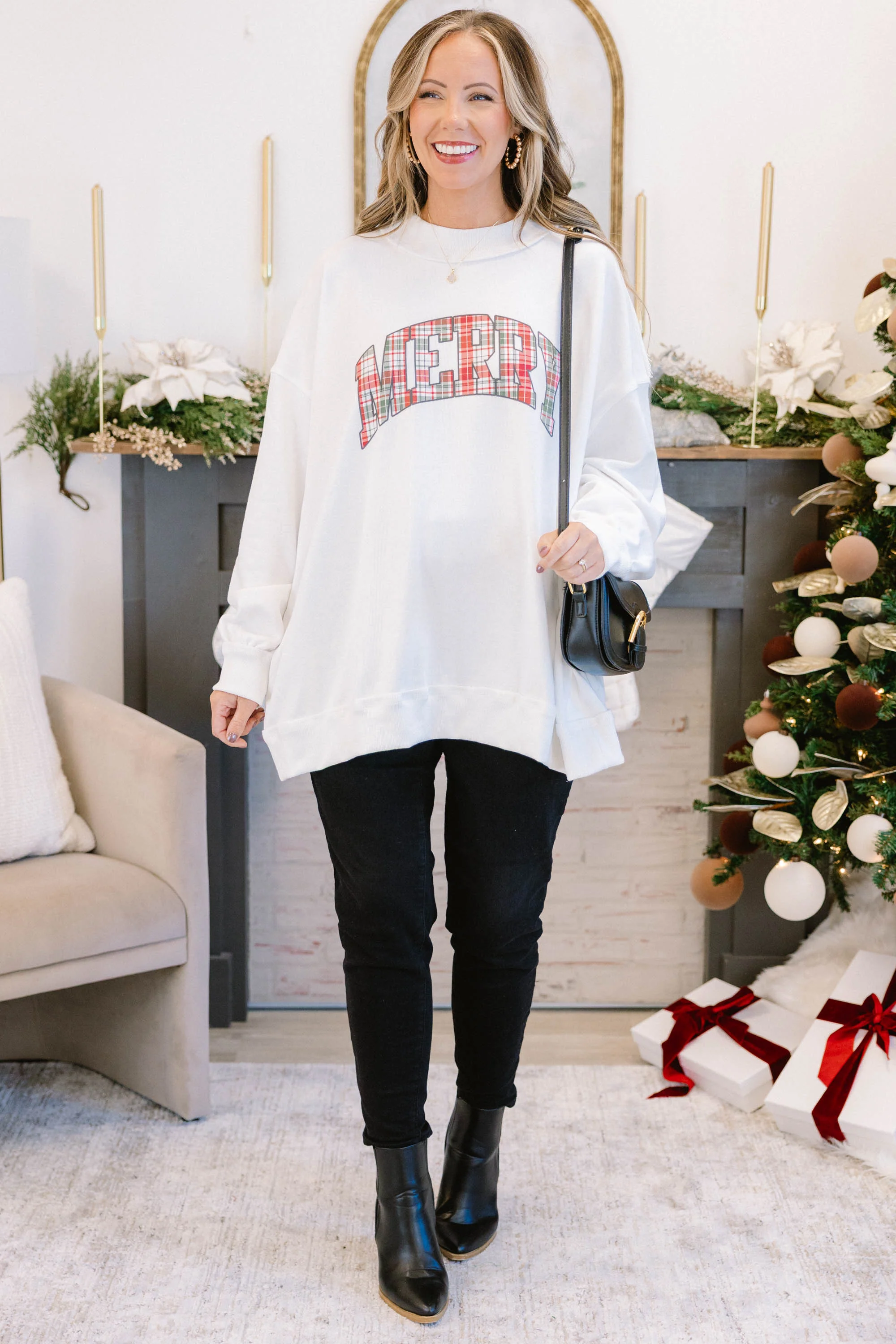 Merry and Plaid Mock Neck Pullover, Ivory - Giverhouse