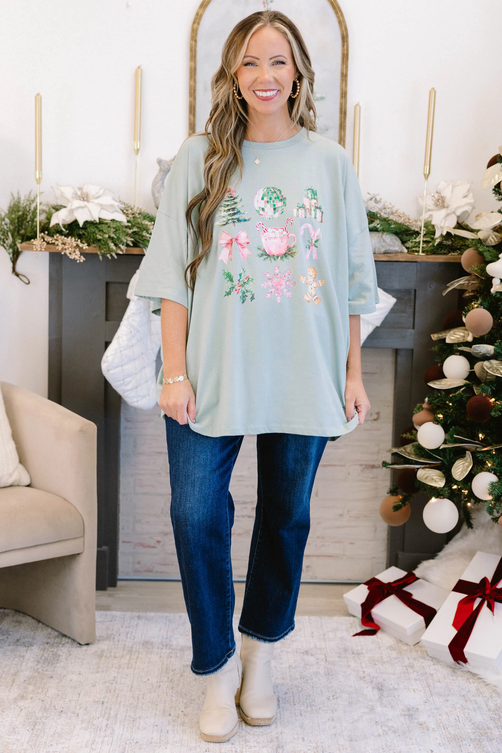 Girly Swirly Christmas Boyfriend Tee, Light Sage - Giverhouse