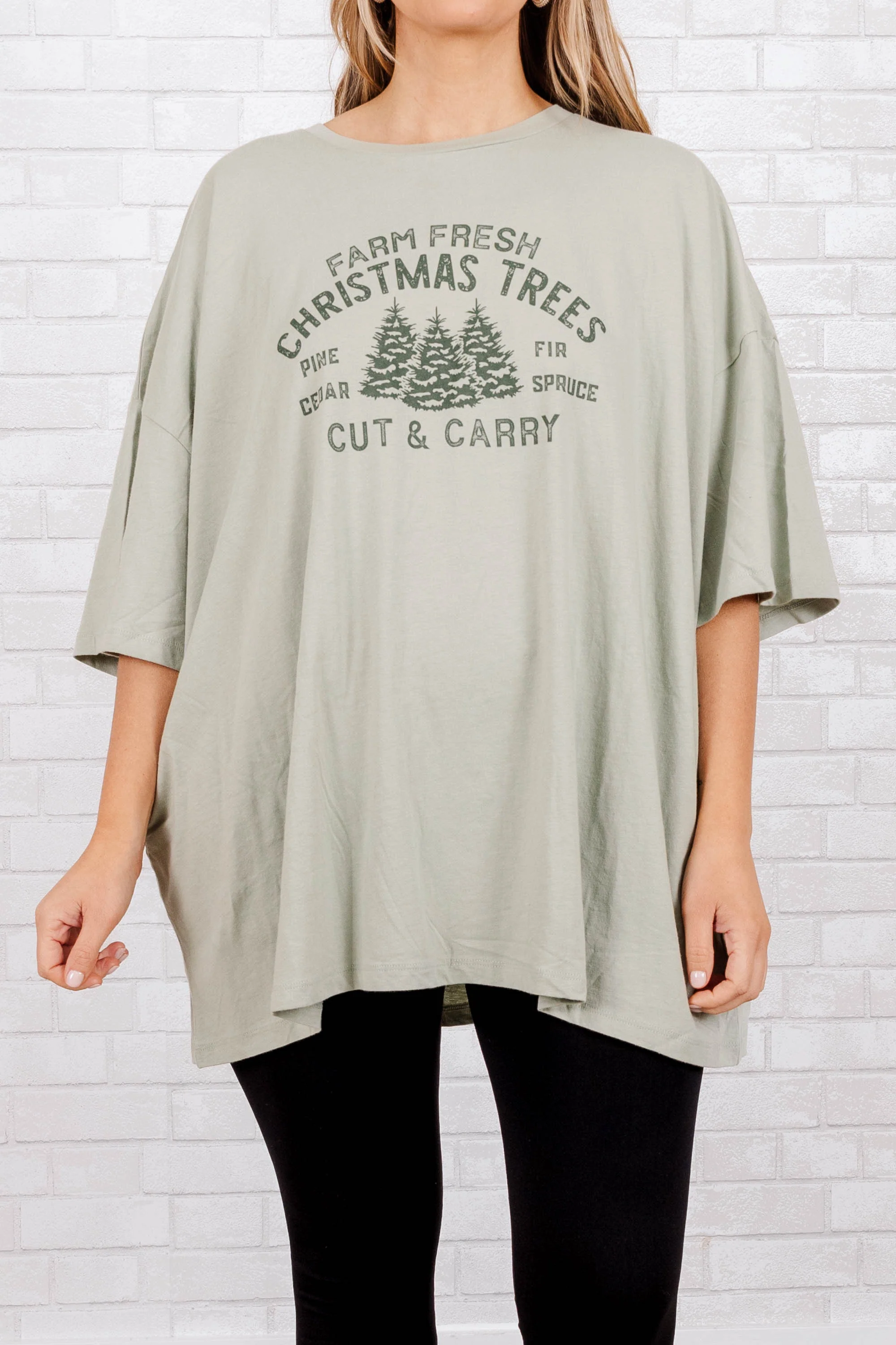 Farm Fresh Christmas Tree Boyfriend Tee, Sage - Giverhouse