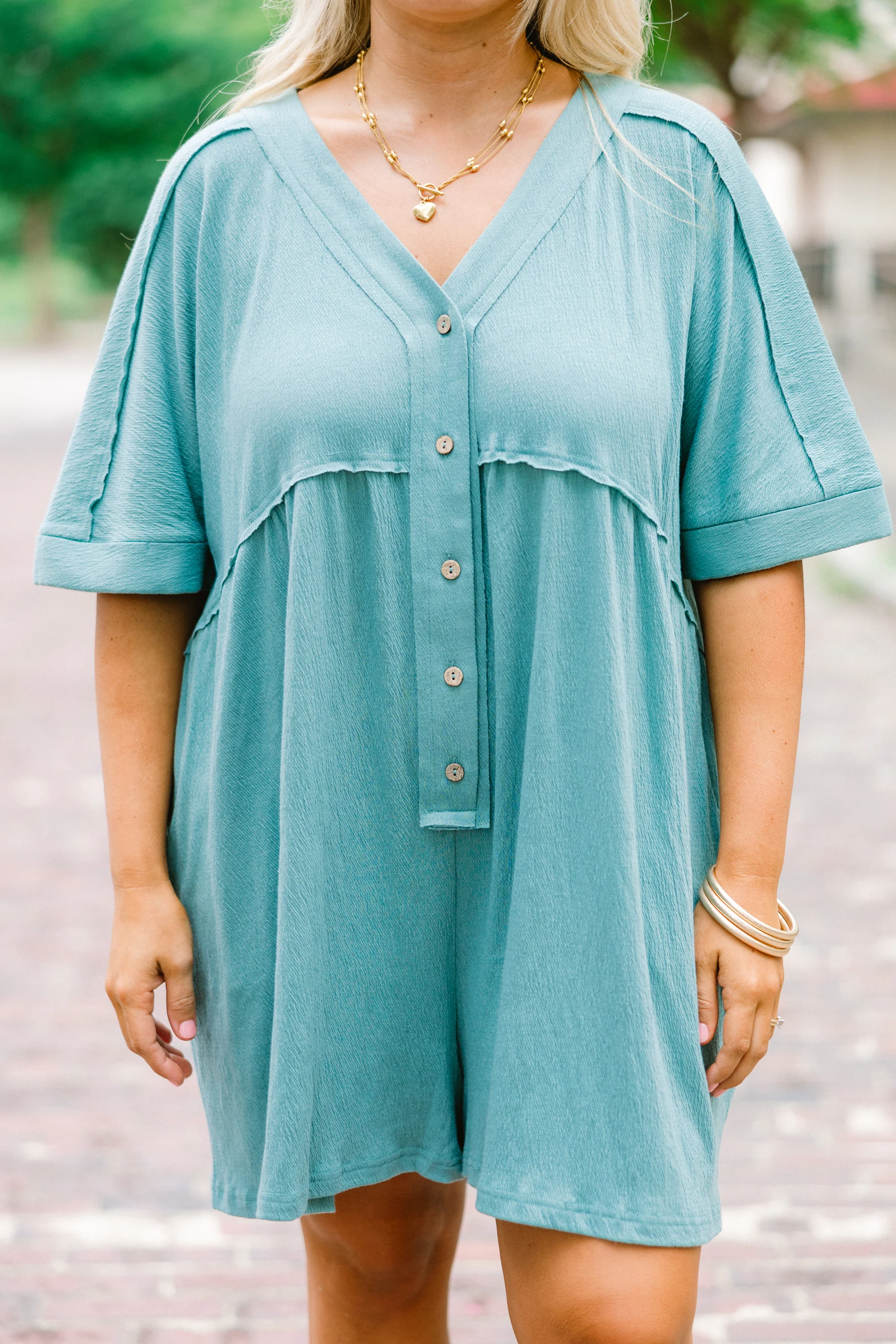 Throw On And Go Romper, Dusty Teal - Giverhouse