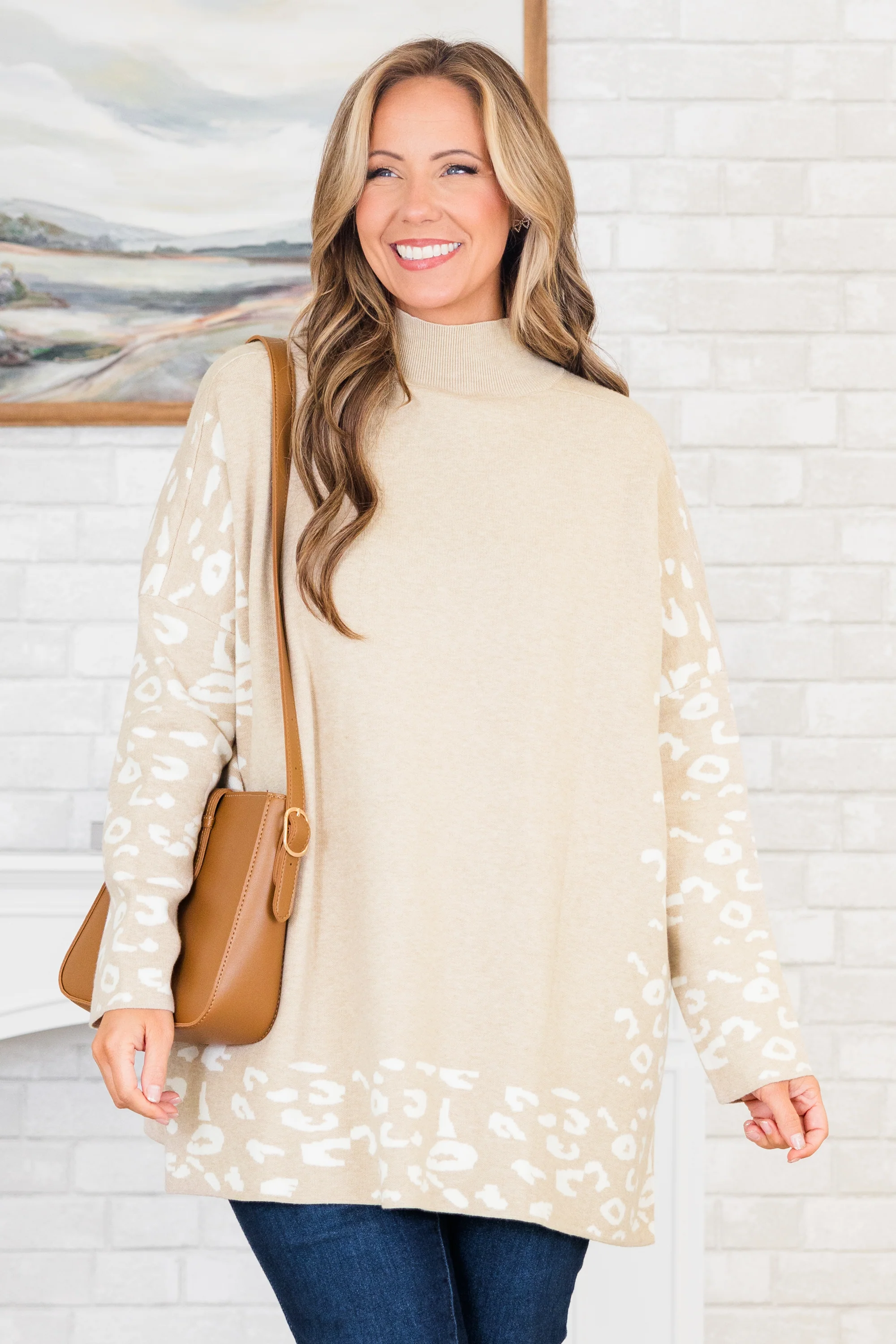 Time To Walk Away Sweater Tunic, Taupe-White - Giverhouse