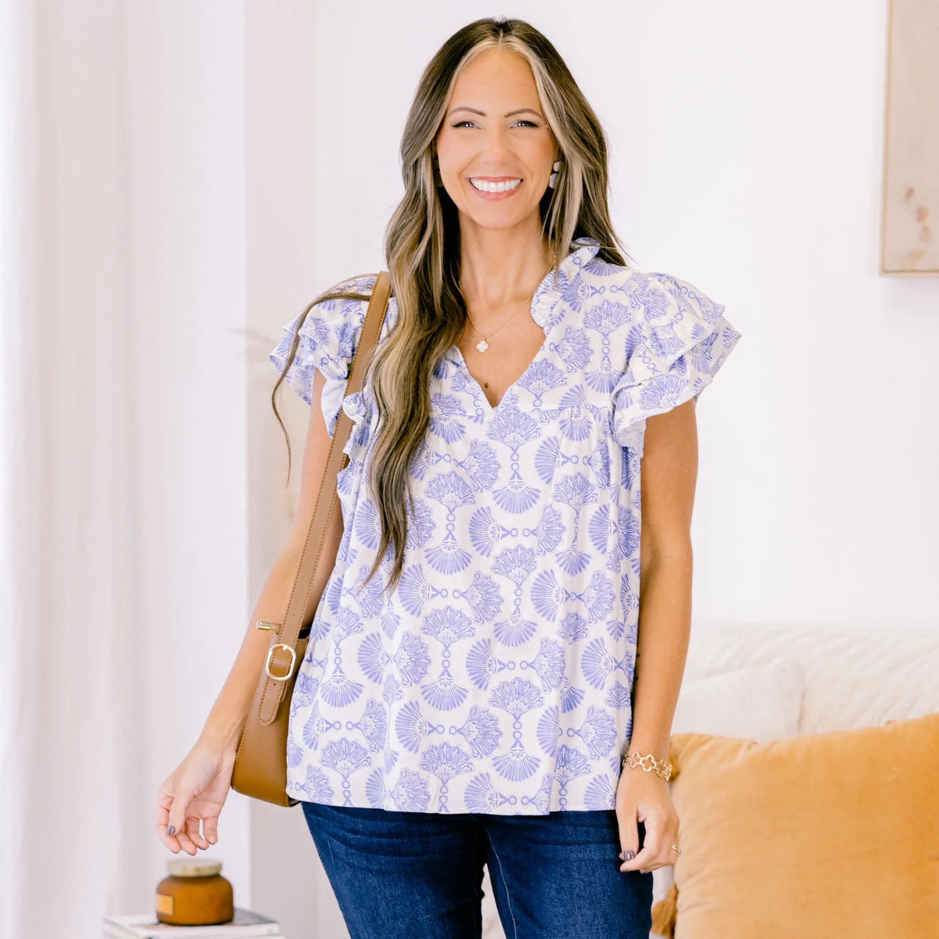 Let's Go On A Walk Top, Blue-Ivory - Giverhouse