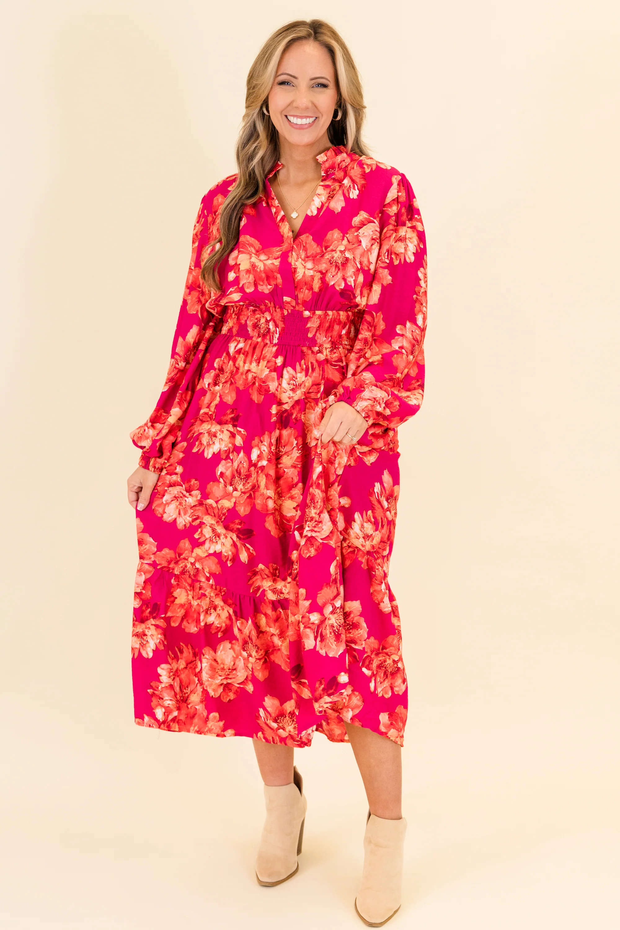 Gentle On My Mind Midi Dress, Magenta - Giverhouse