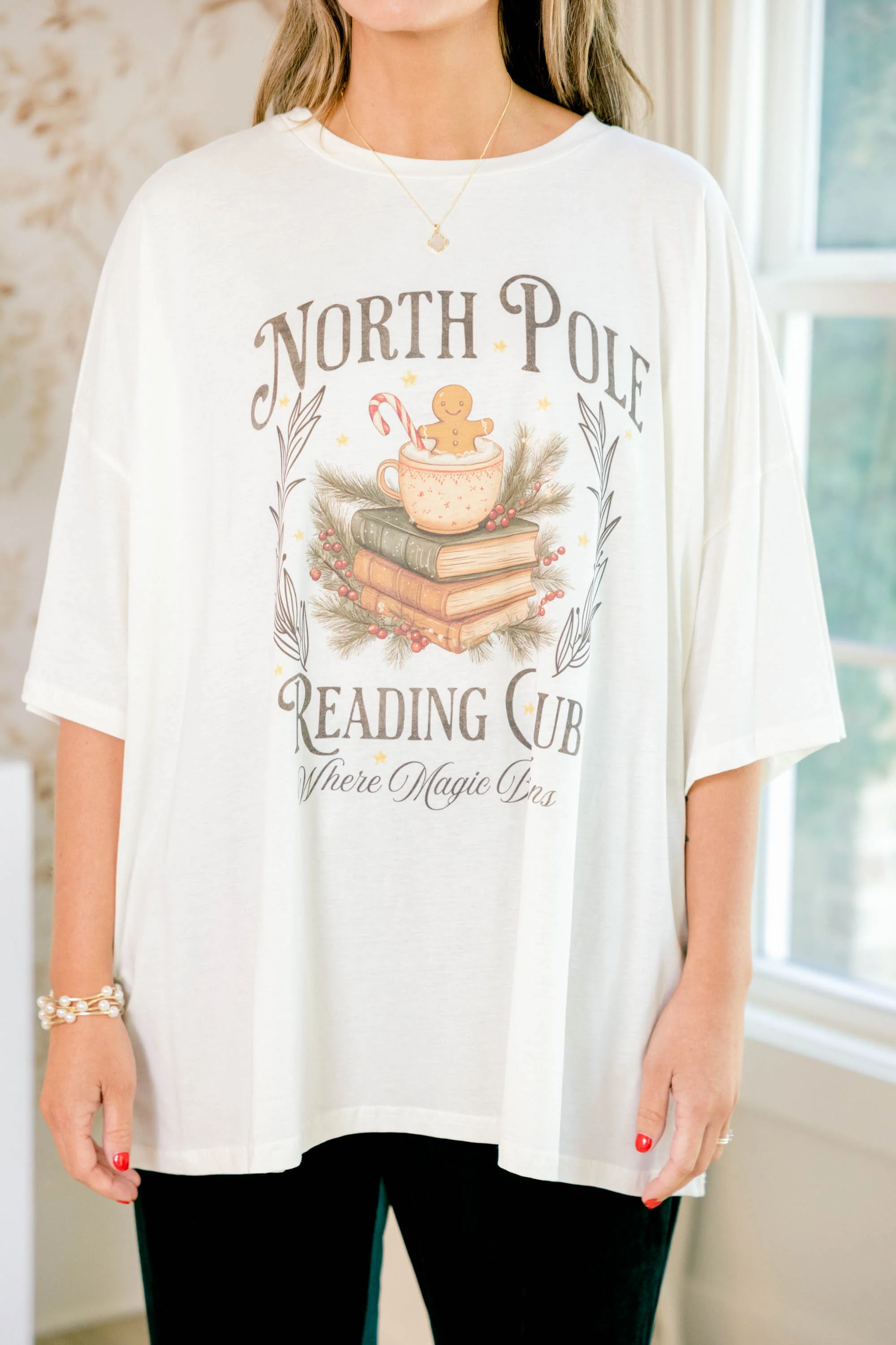 North Pole Reading Club Boyfriend Tee, Ivory - Giverhouse