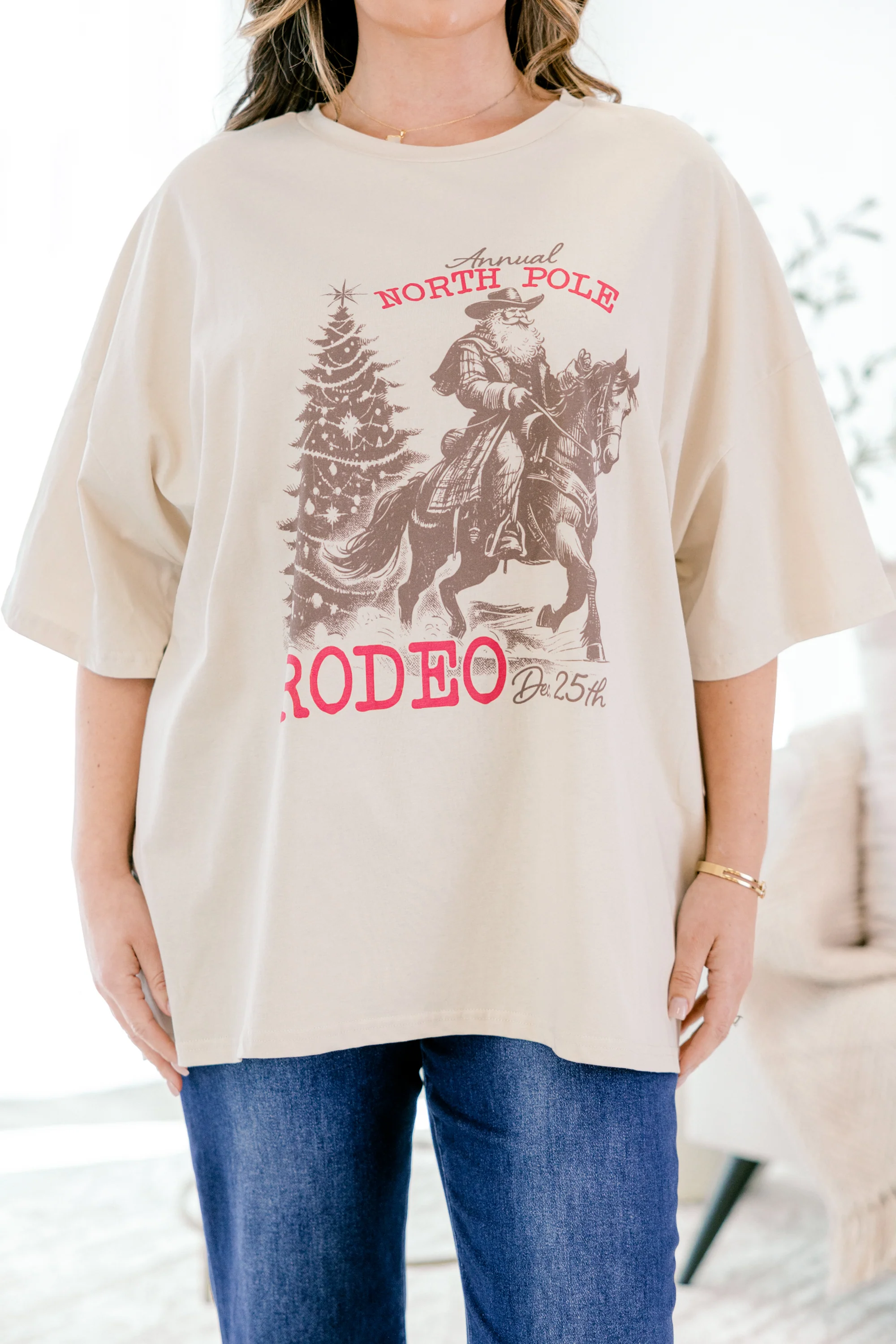 North Pole Rodeo Boyfriend Tee, Light Mocha - Giverhouse