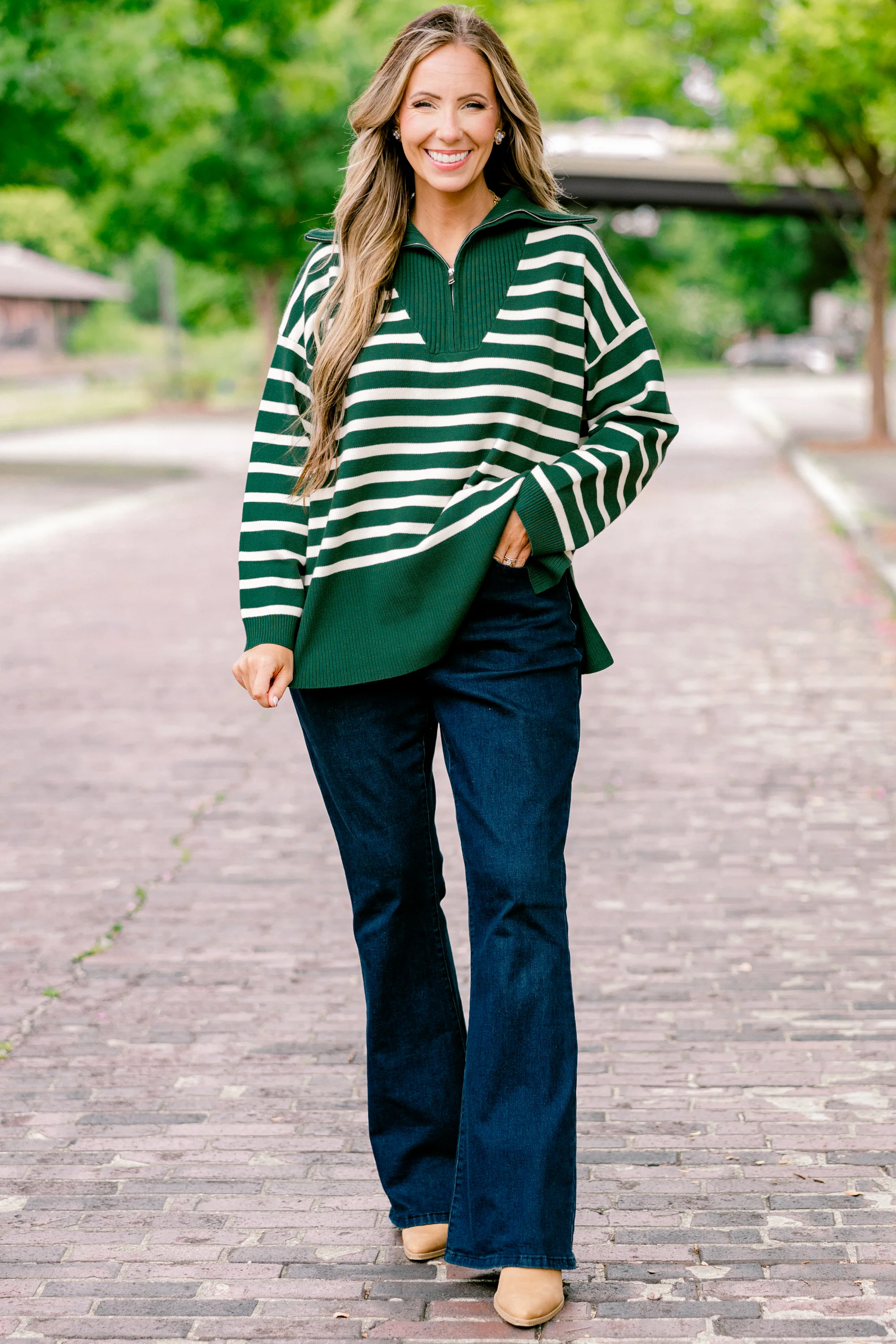 Sweet Stripes Sweater, Dark Green - Giverhouse