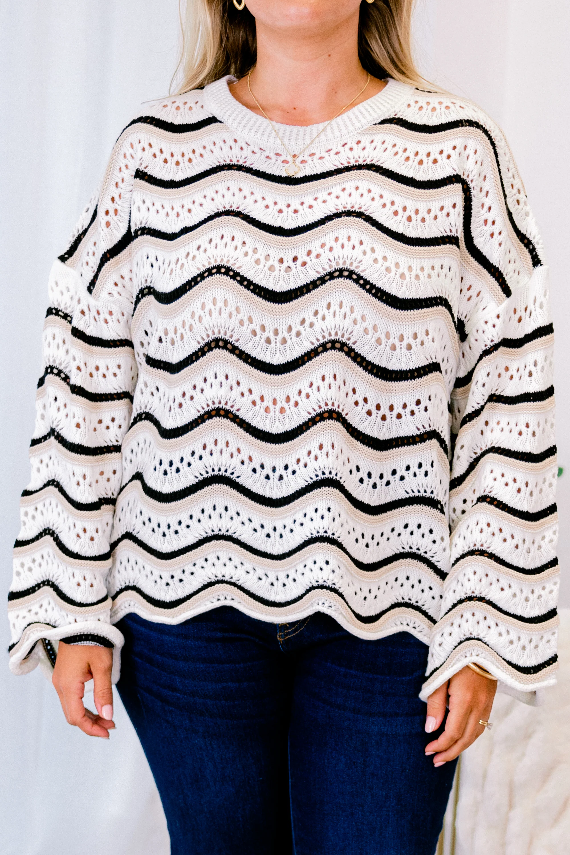 Wavy Comfort Sweater, Cream-Black - Giverhouse
