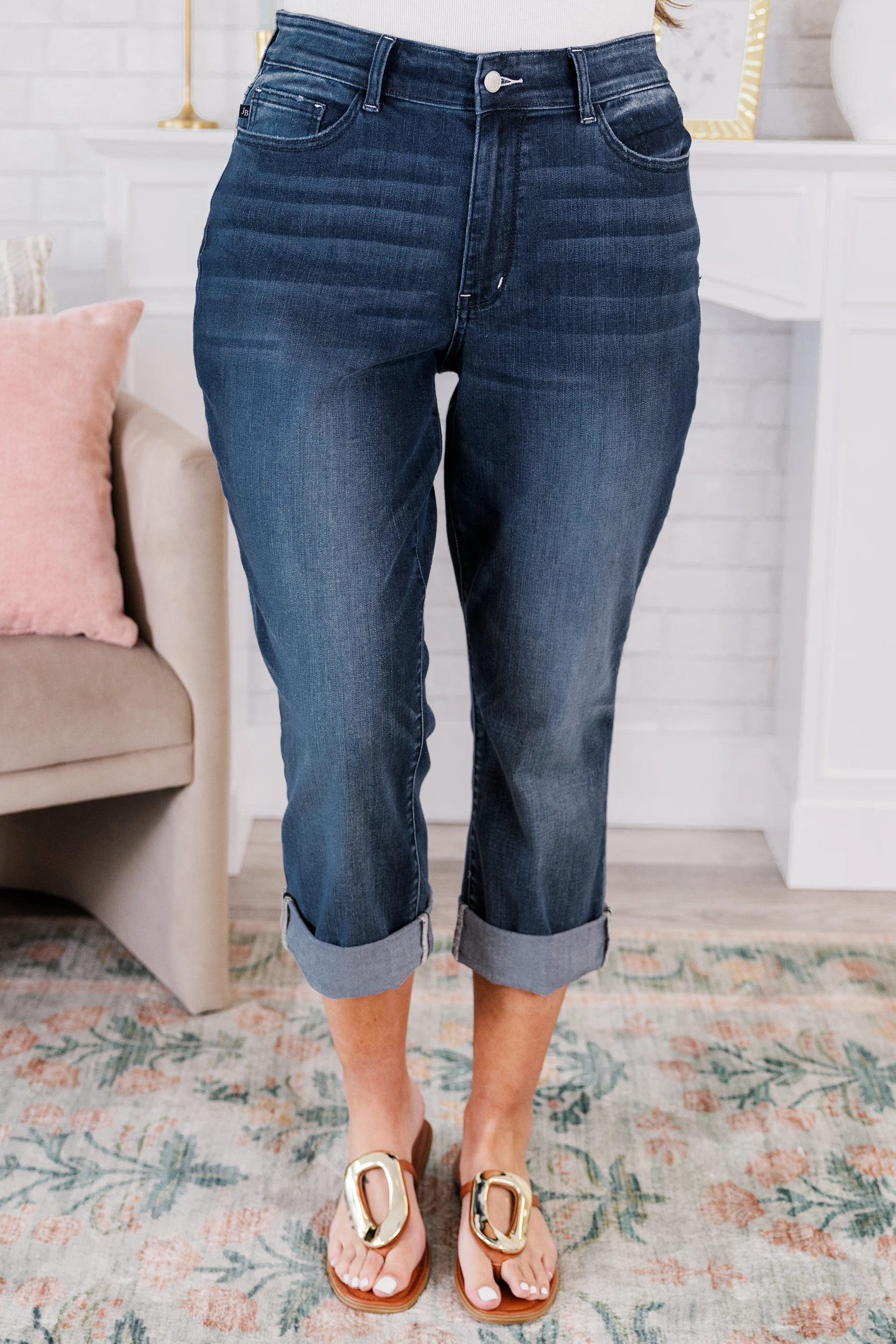 Judy Blue: Caught In The Rain Capris, Dark Wash - Giverhouse