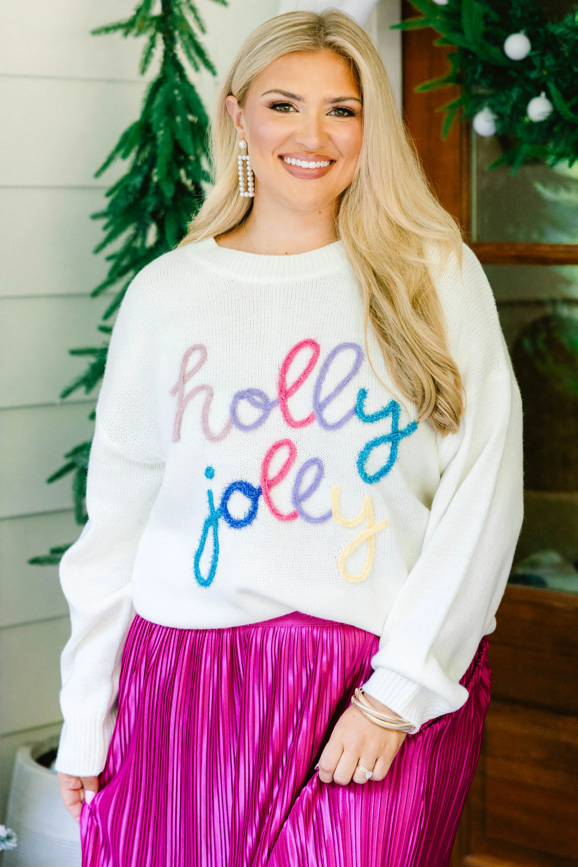 Holly Jolly All The Way Sweater, Cream - Giverhouse