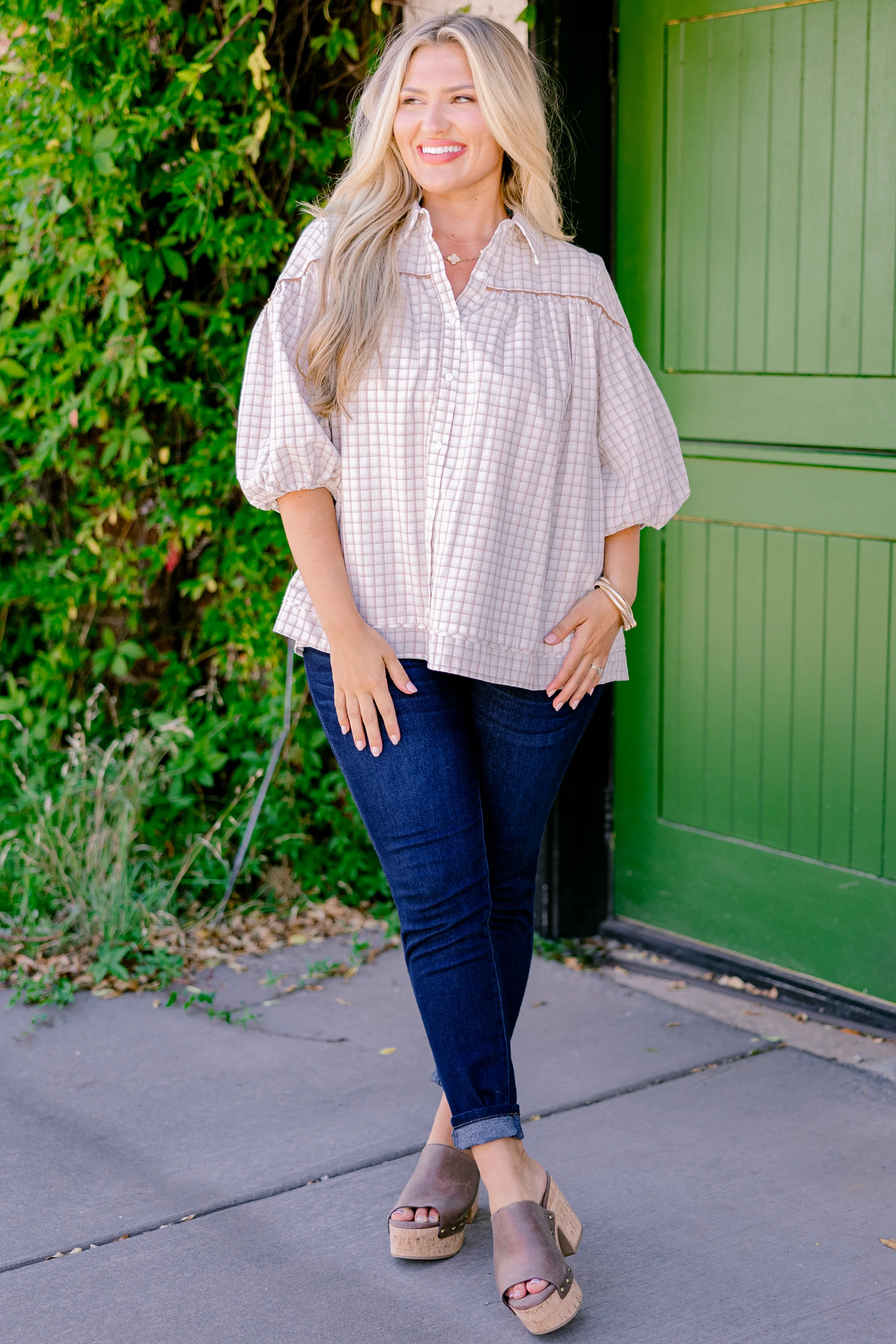 Love Is All Around Blouse, Cream Plaid - Giverhouse