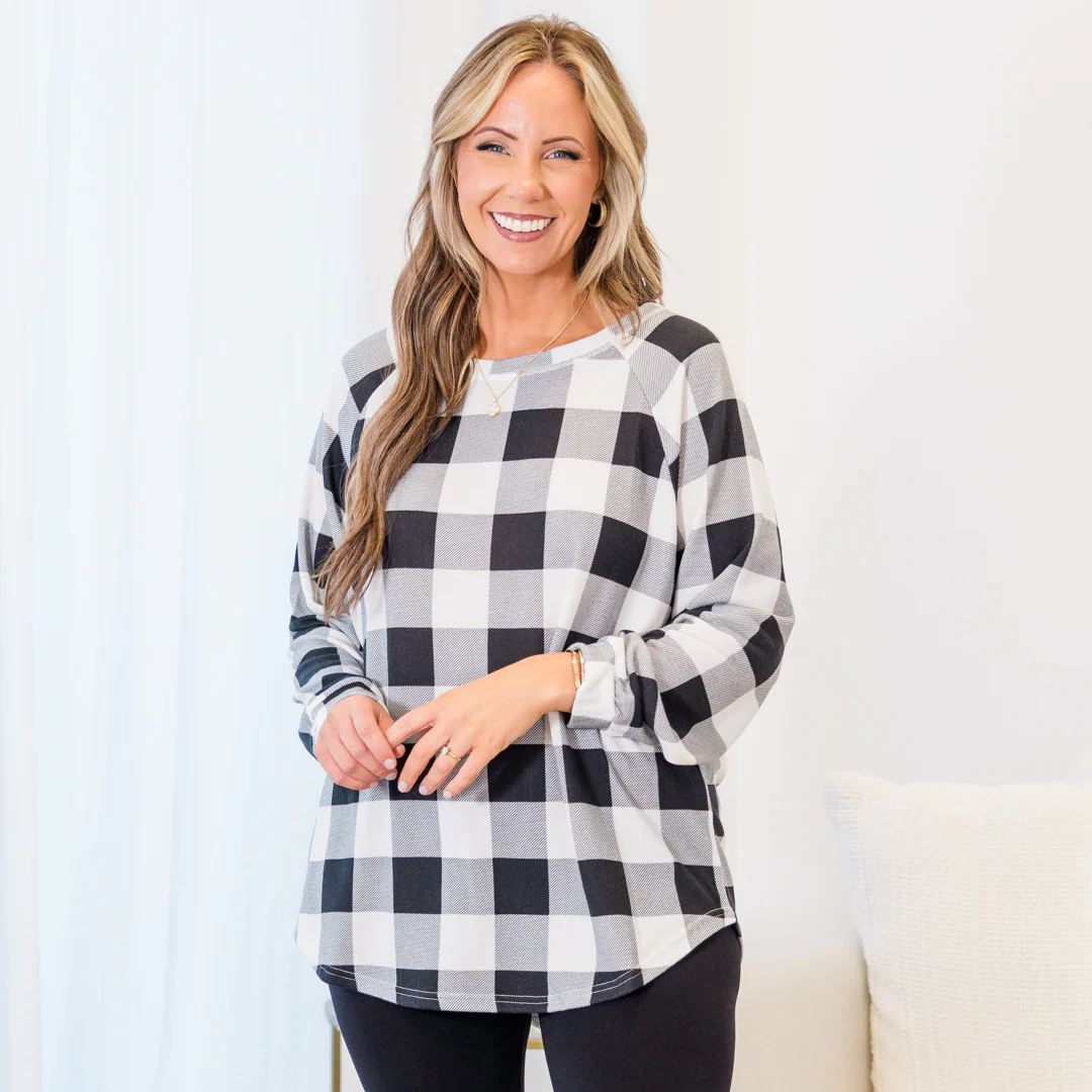 Curved Hem Slouchy Dolman Tunic, White Plaid - Giverhouse