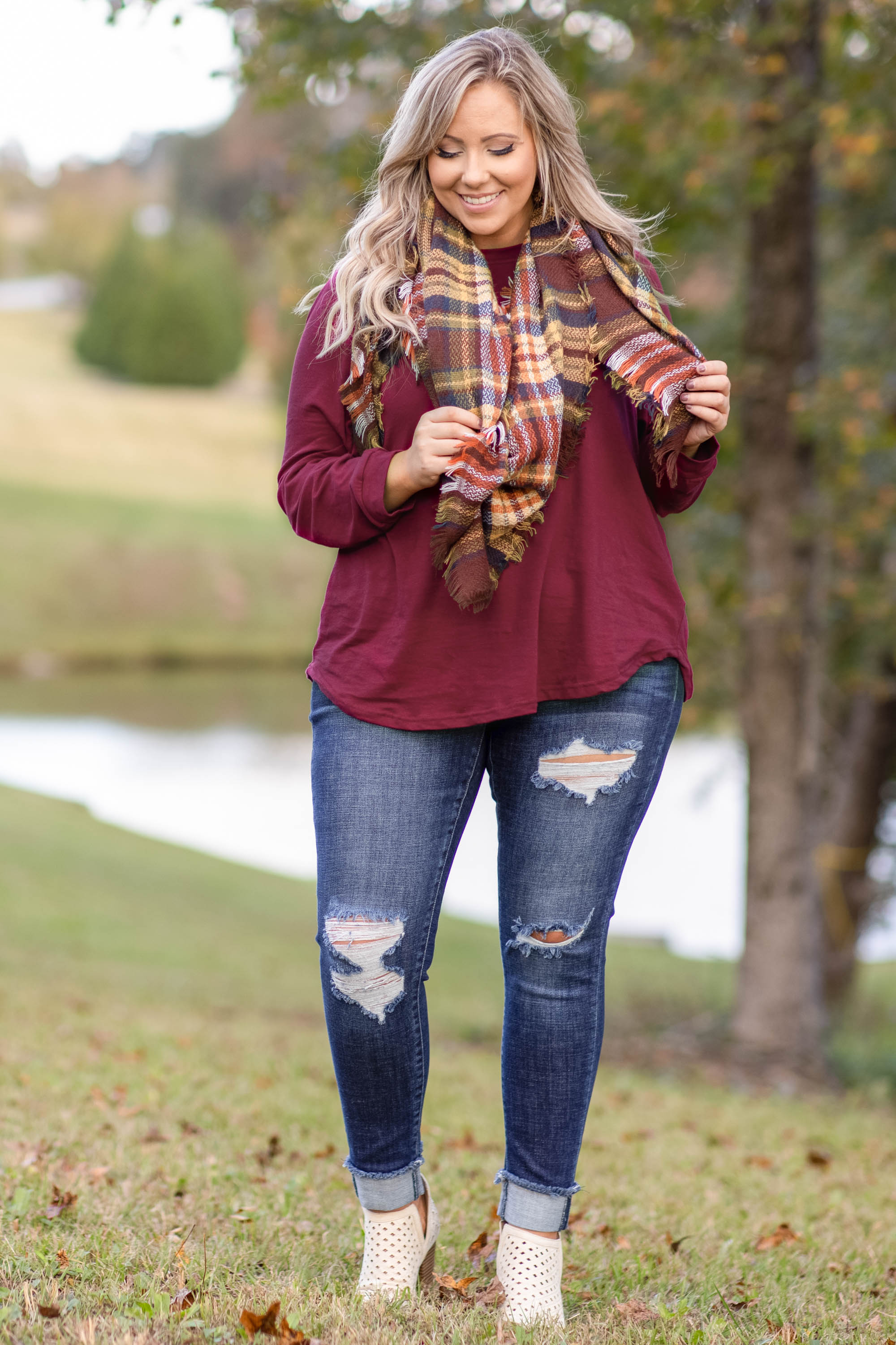 Curved Hem Slouchy Tunic, Wine - Giverhouse