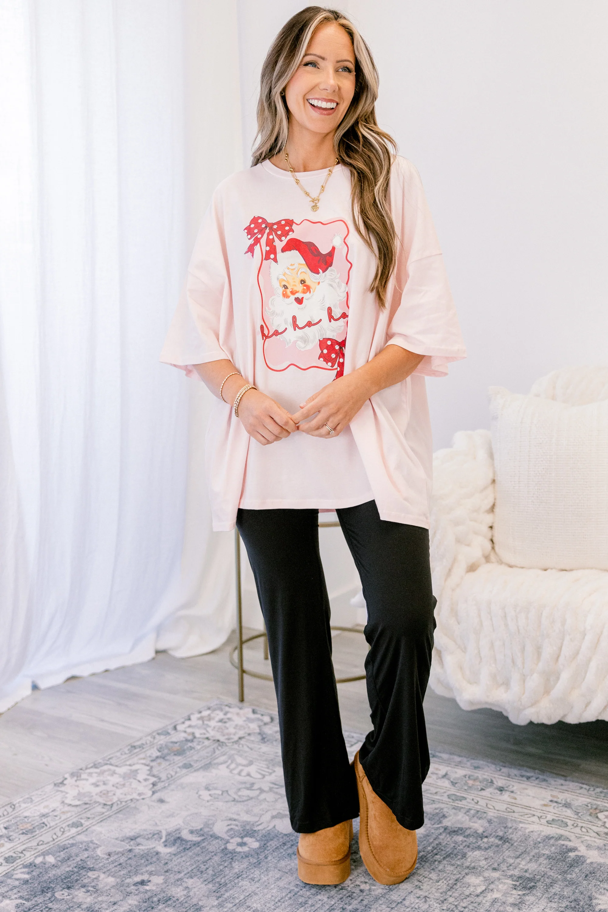 Santa Season Imported Boyfriend Tee, Cream Pink - Giverhouse