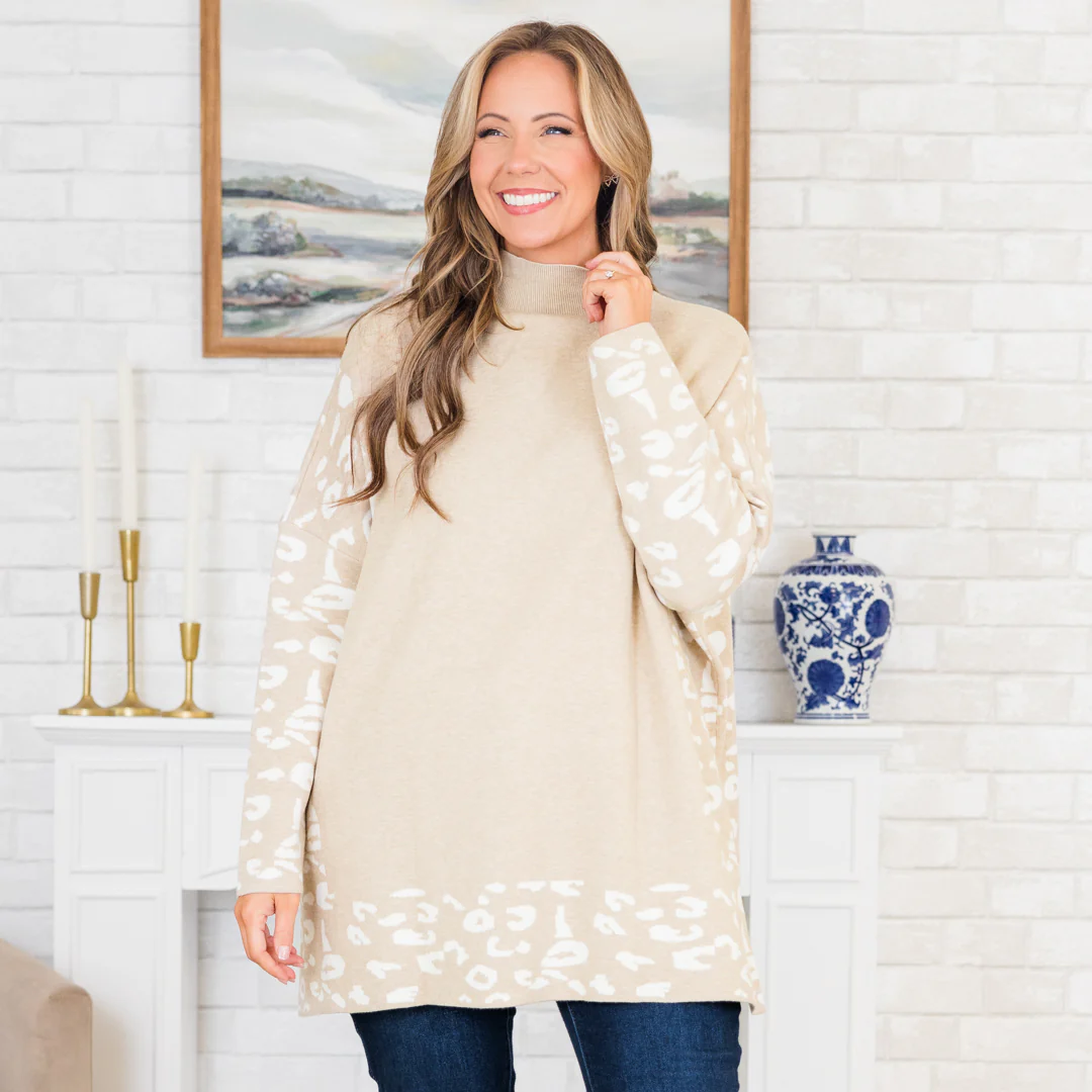 Time To Walk Away Sweater Tunic, Taupe-White - Giverhouse