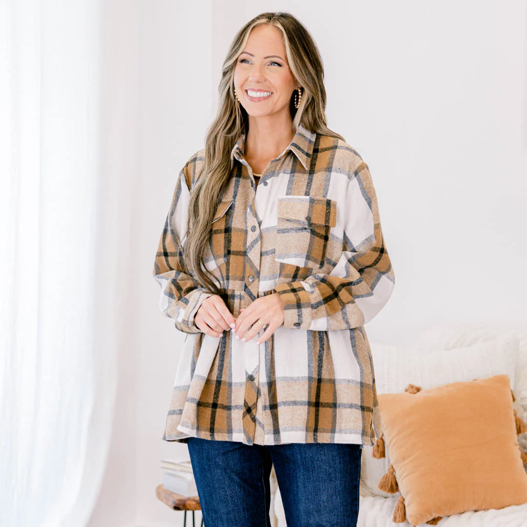 Cozy Plaid Babydoll Shacket, Khaki - Giverhouse