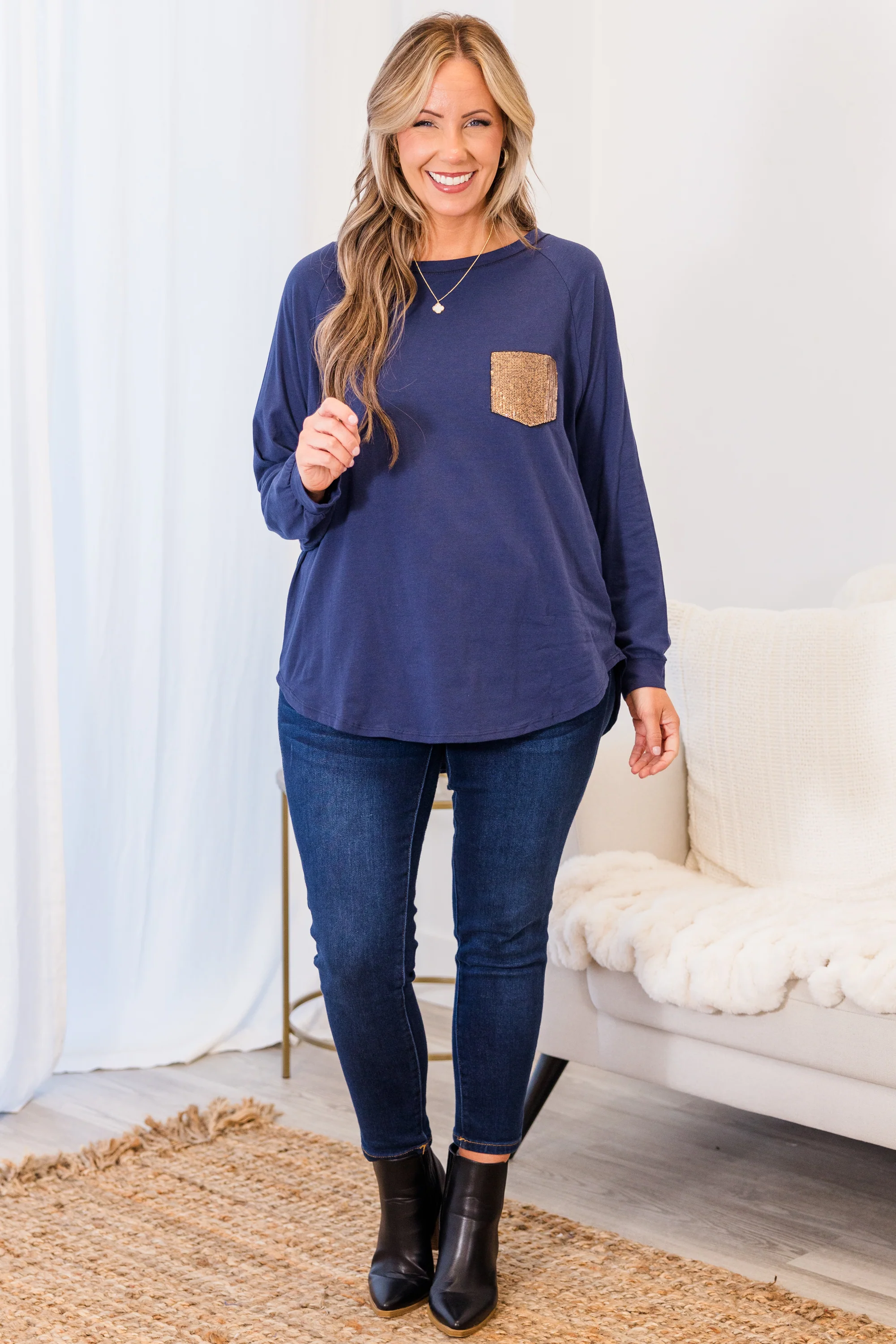 Curved Hem Slouchy Dolman Tunic, Navy Sequin - Giverhouse