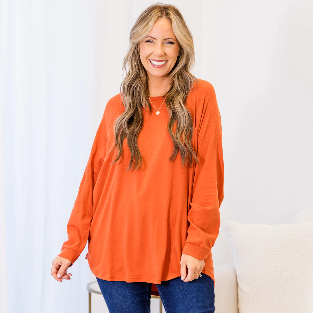 Curved Hem Slouchy Dolman Tunic, Rust - Giverhouse