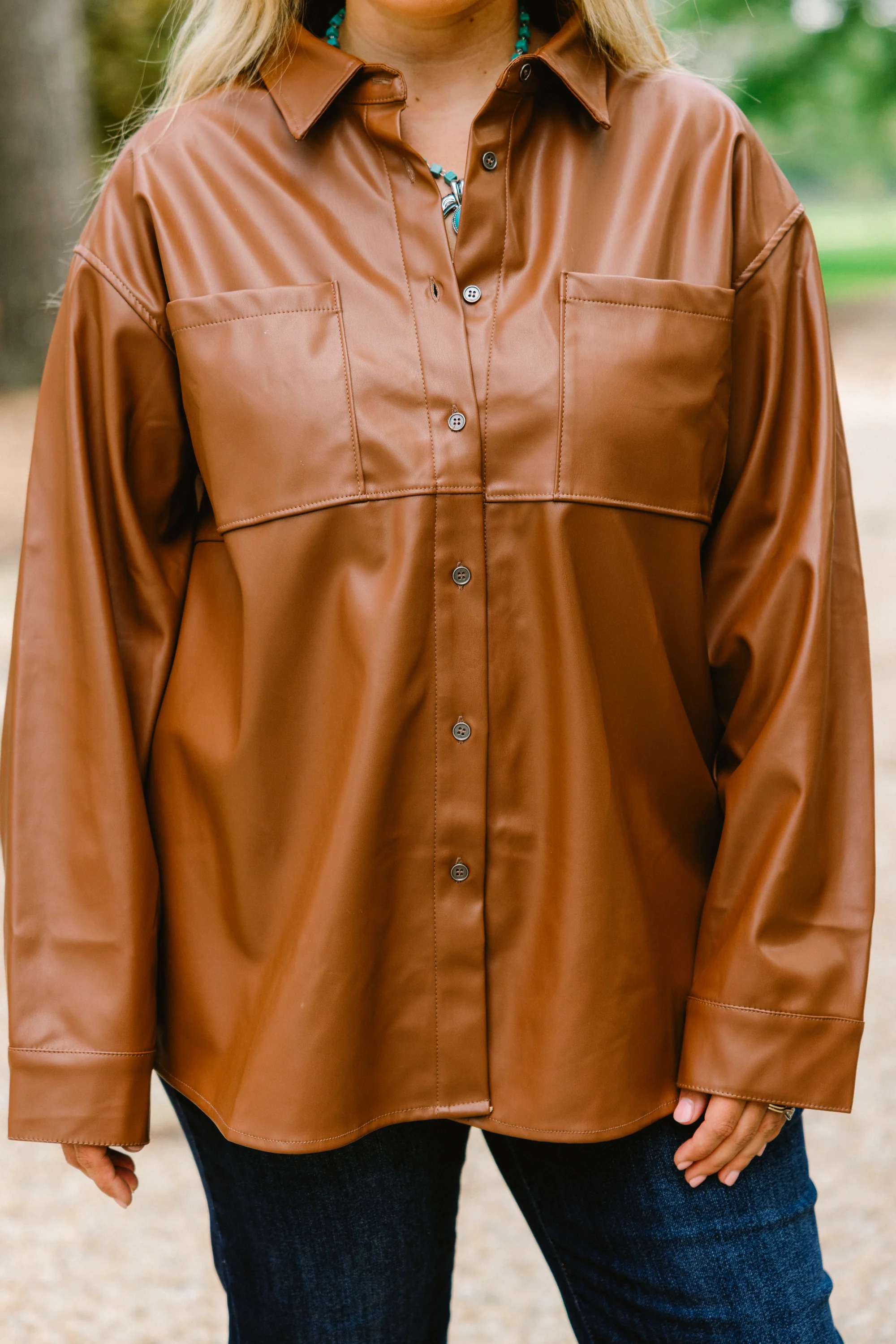 Sweet and Sassy Faux Leather Shacket, Caramel - Giverhouse