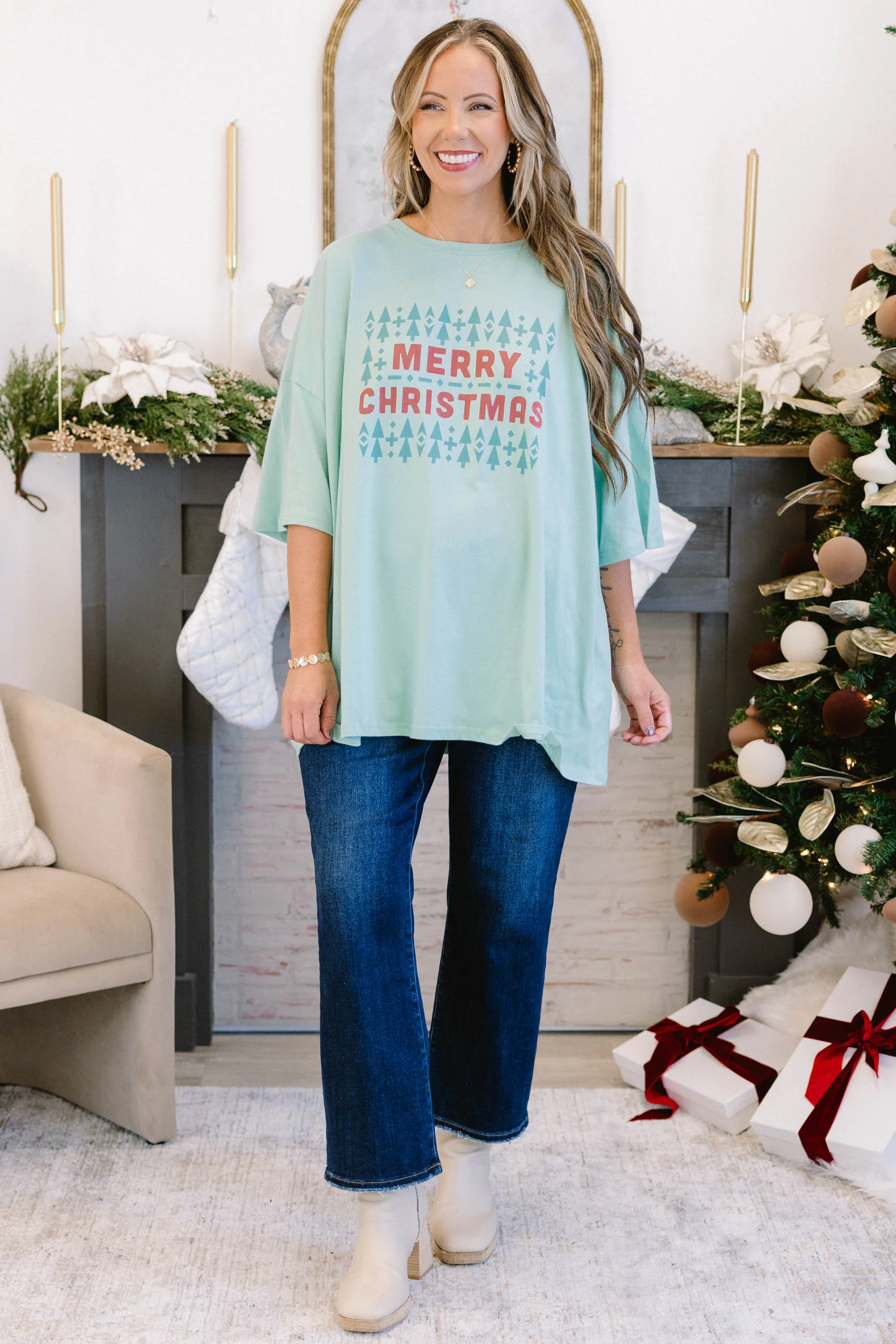 Merry Little Christmas Boyfriend Tee, Light Green - Giverhouse
