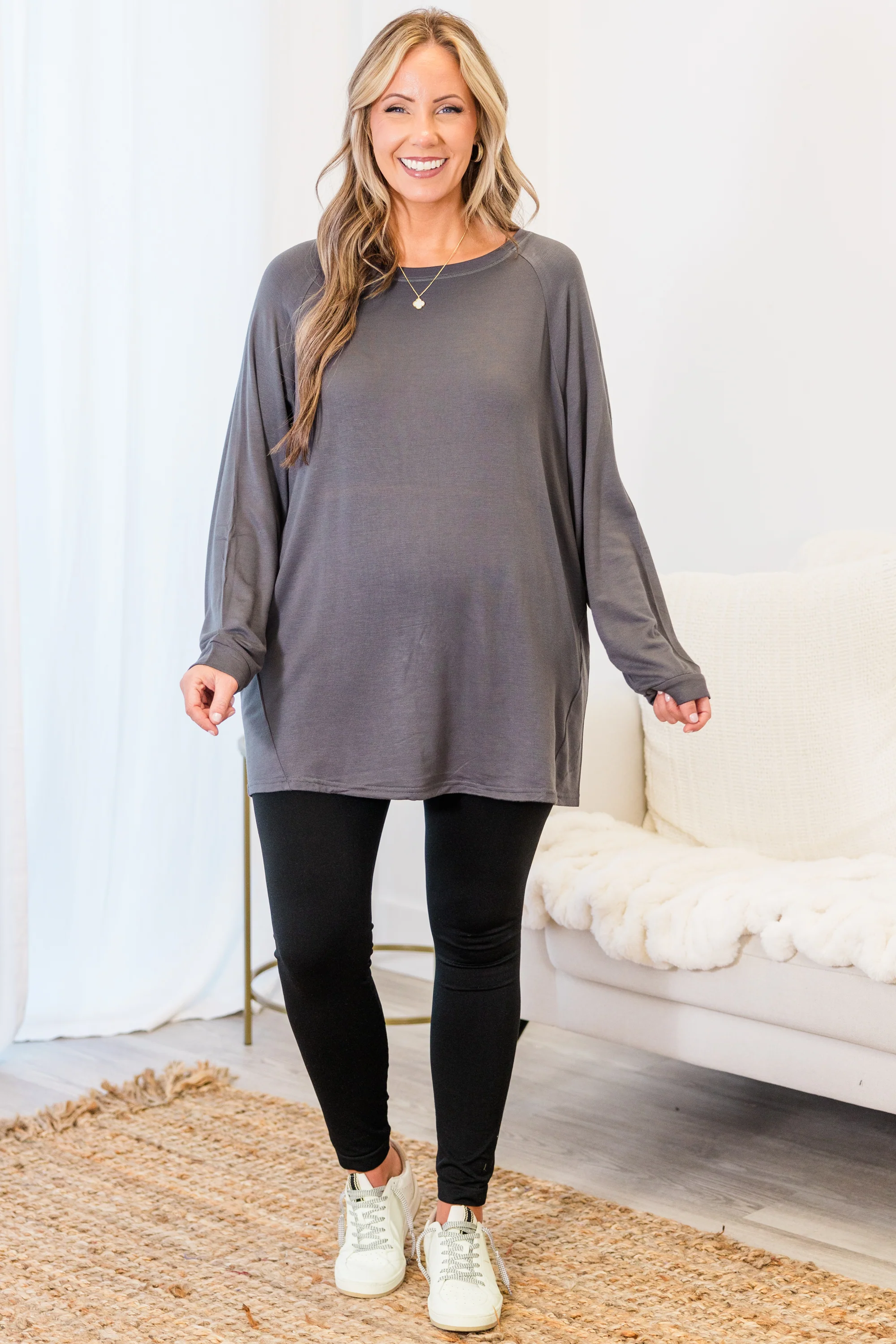 Relaxed Hem Slouchy Dolman Tunic, Charcoal Fleece - Giverhouse