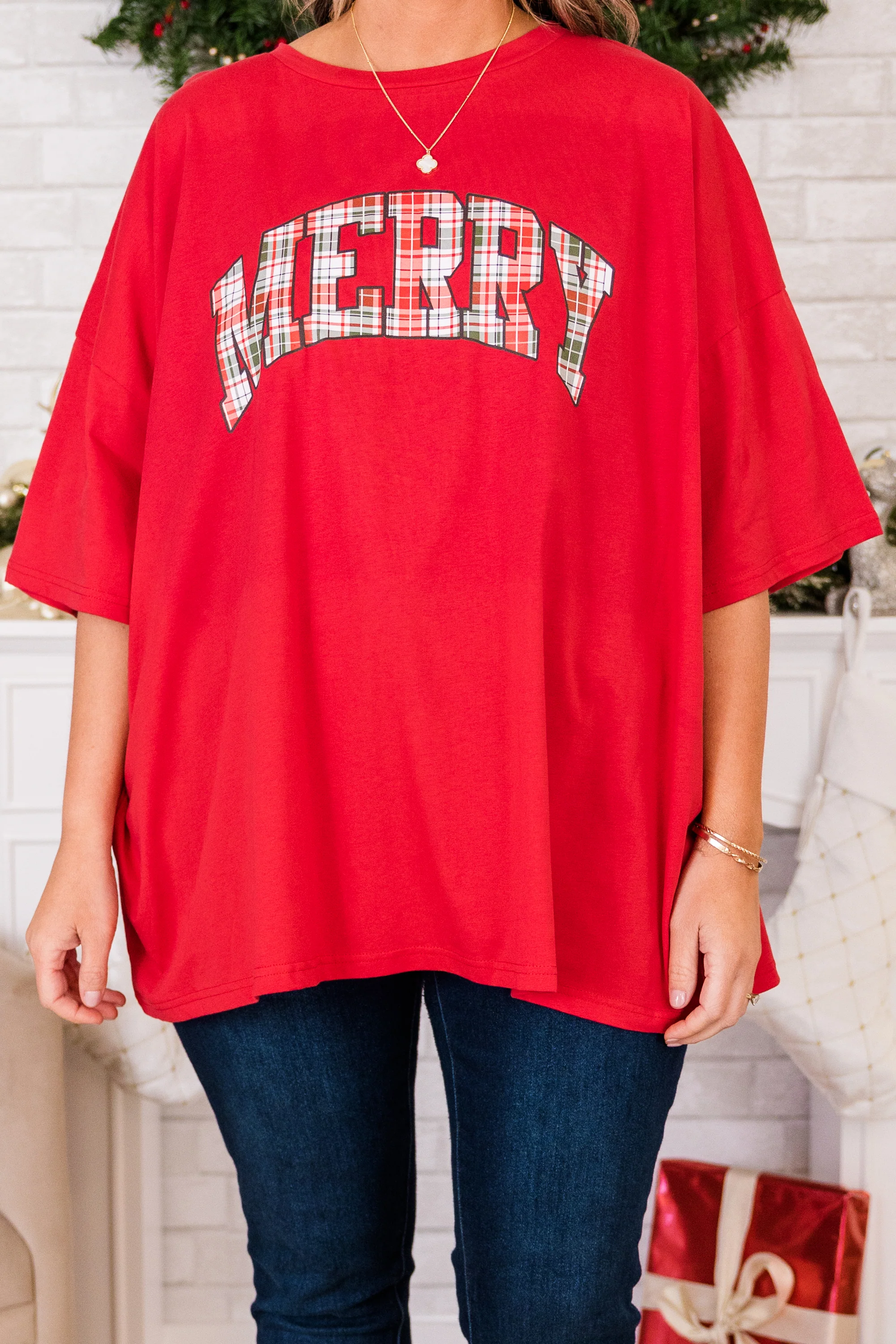 Merry and Plaid Boyfriend Tee, Red - Giverhouse