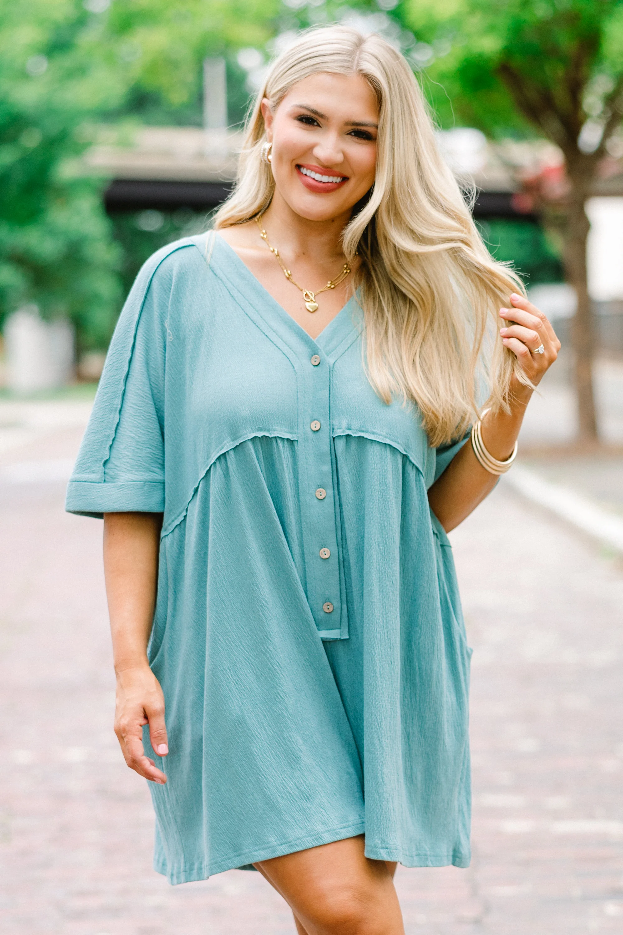 Throw On And Go Romper, Dusty Teal - Giverhouse