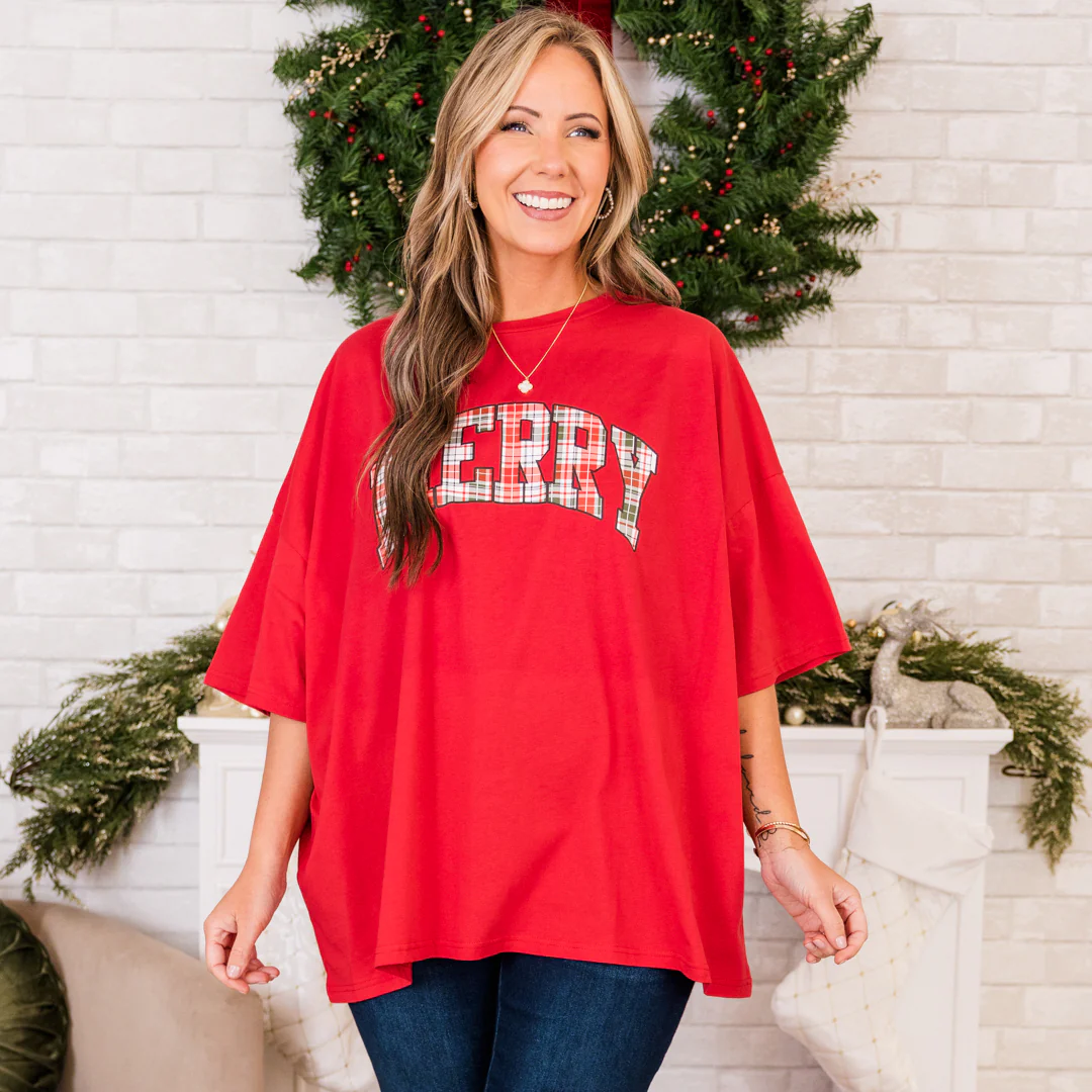 Merry and Plaid Boyfriend Tee, Red - Giverhouse