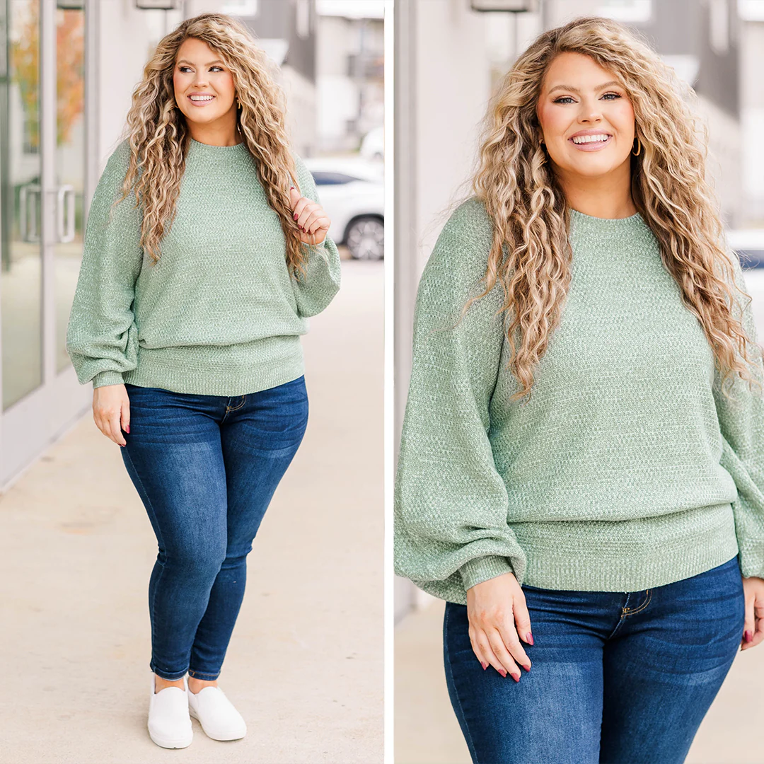 Cozy Bubble Sleeve Sweater, Sage - Giverhouse