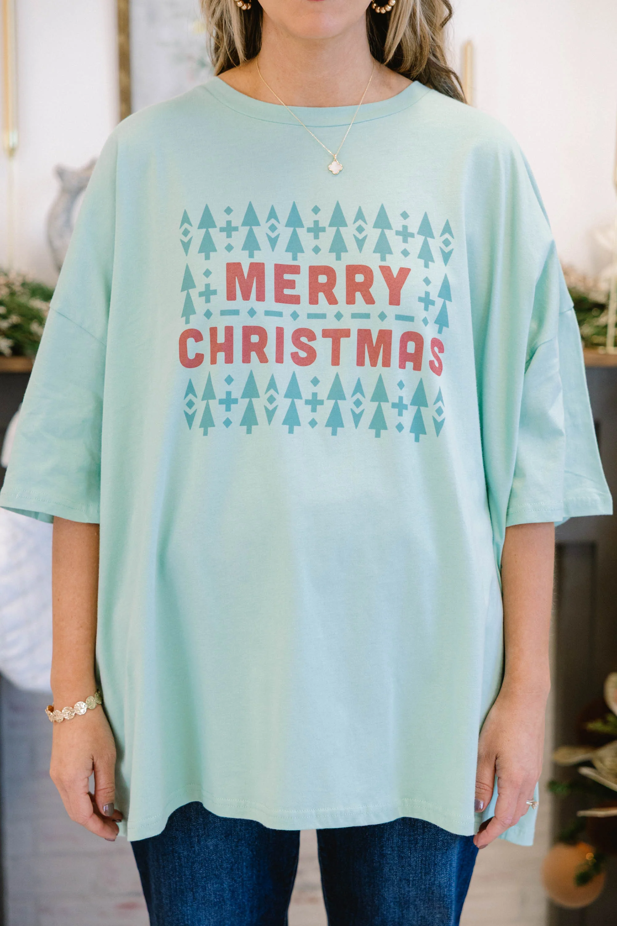 Merry Little Christmas Boyfriend Tee, Light Green - Giverhouse