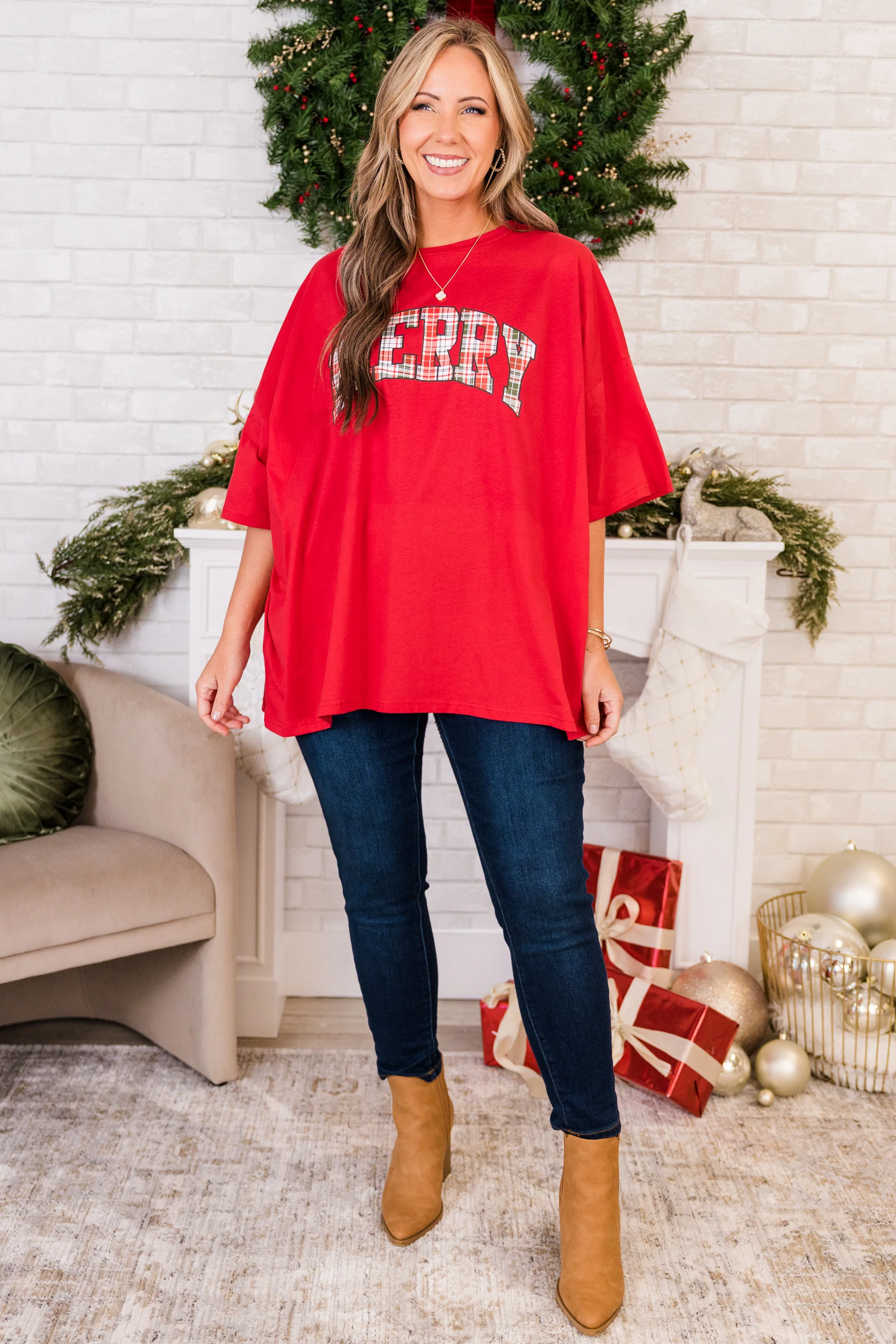 Merry and Plaid Boyfriend Tee, Red - Giverhouse