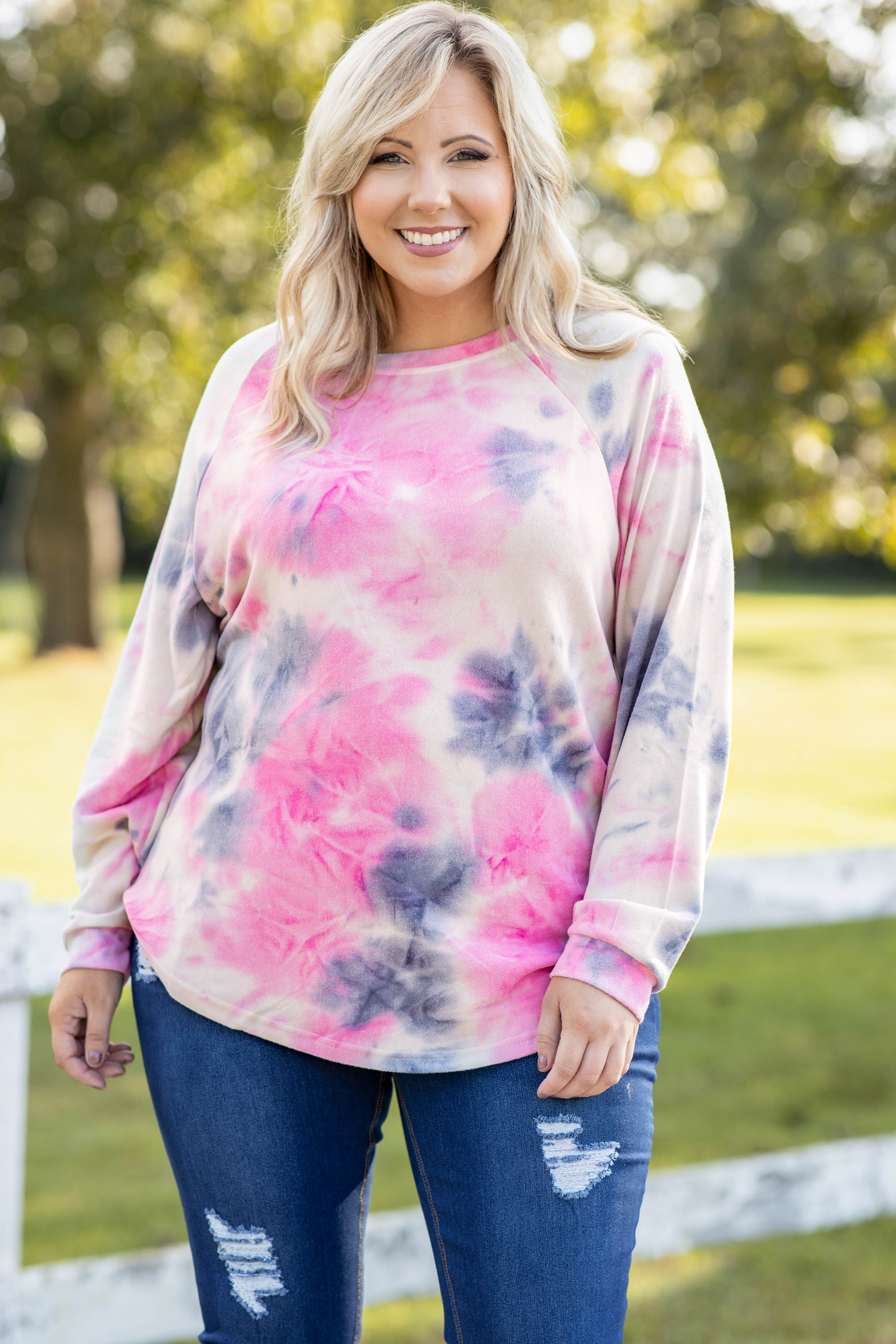 Curved Hem Slouchy Dolman Tunic, Tie Dye Pink - Giverhouse
