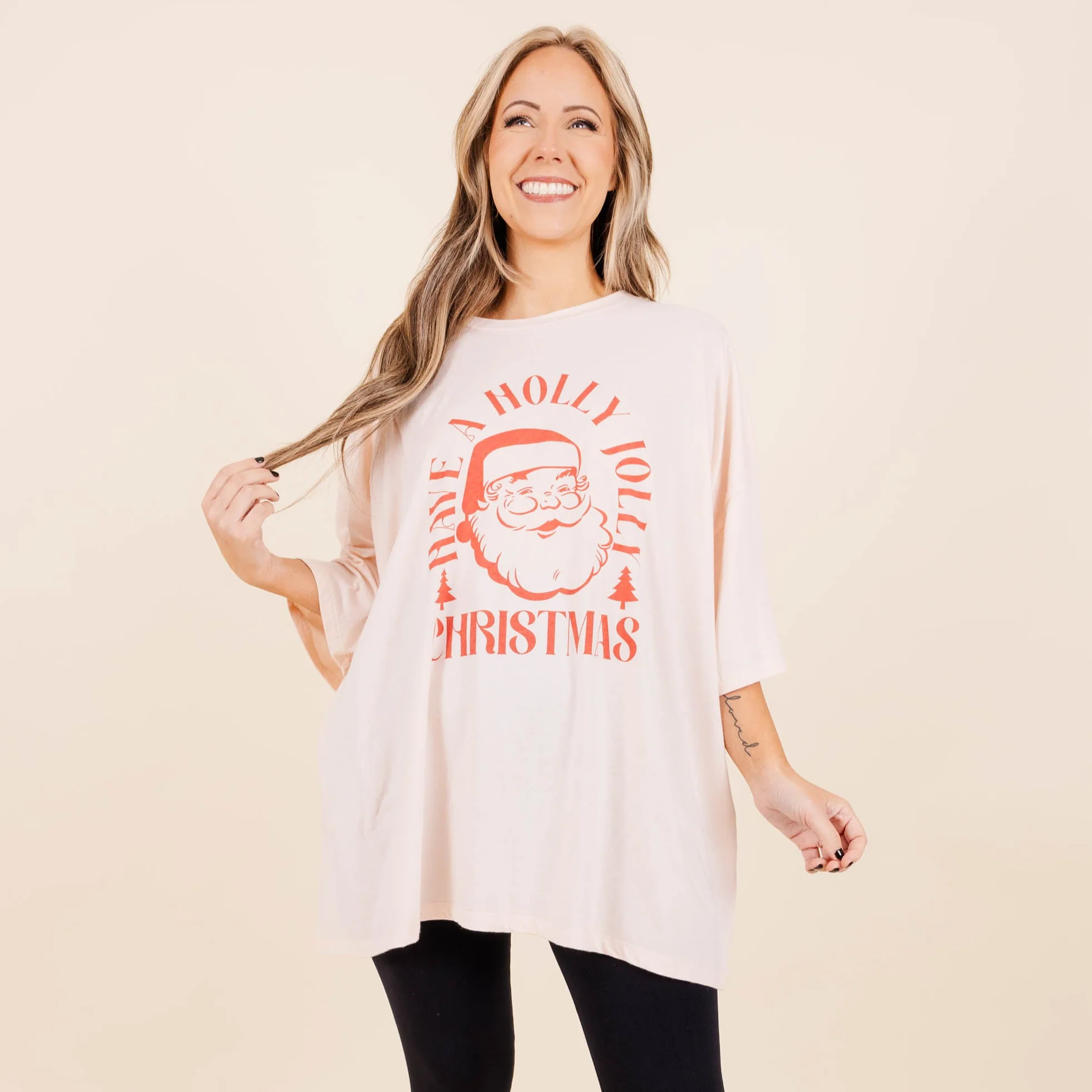 Have A Holly Jolly Christmas Boyfriend Tee, Cream Pink - Giverhouse