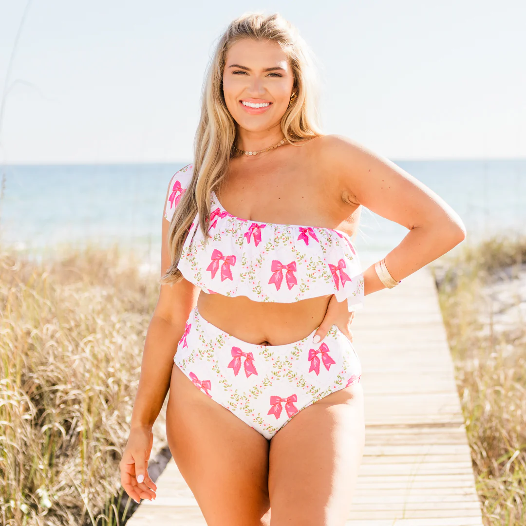 Let's Go Watch The Sunset Swim Top, Pink Bow - Giverhouse