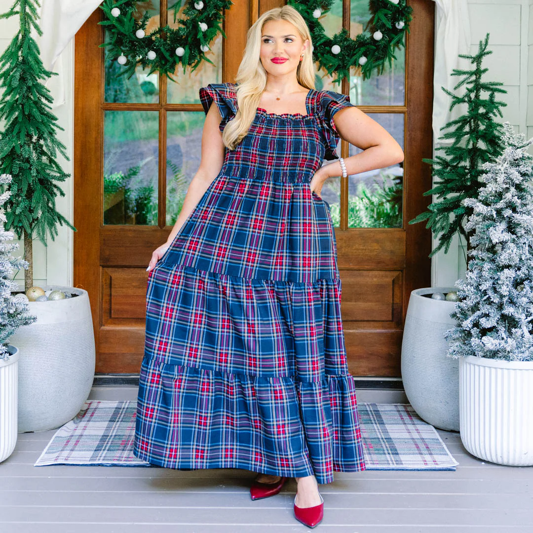 The Wildflower's Song Maxi Dress, Navy Tartan - Giverhouse