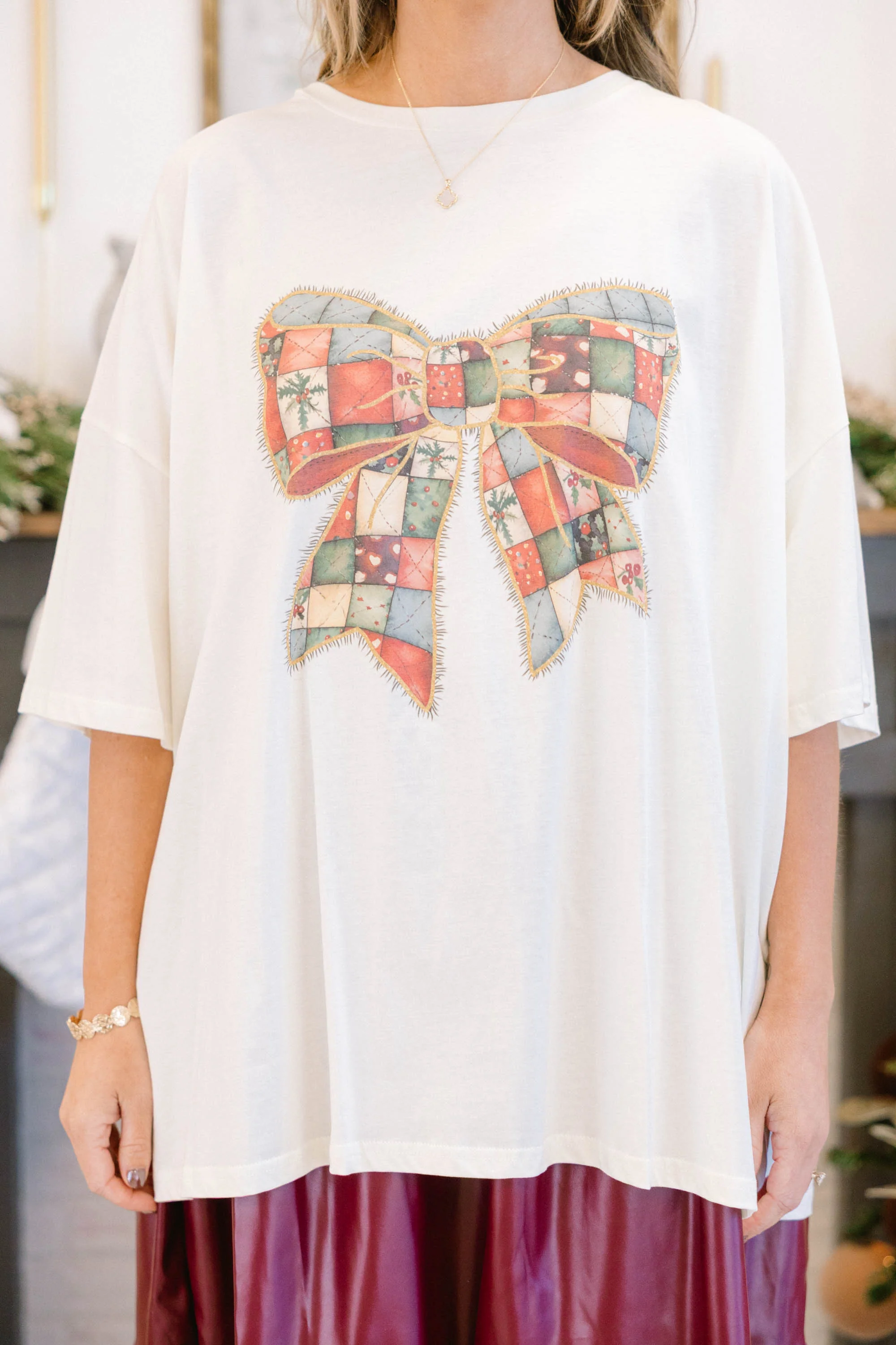 Quilted Bows Boyfriend Tee, Ivory - Giverhouse
