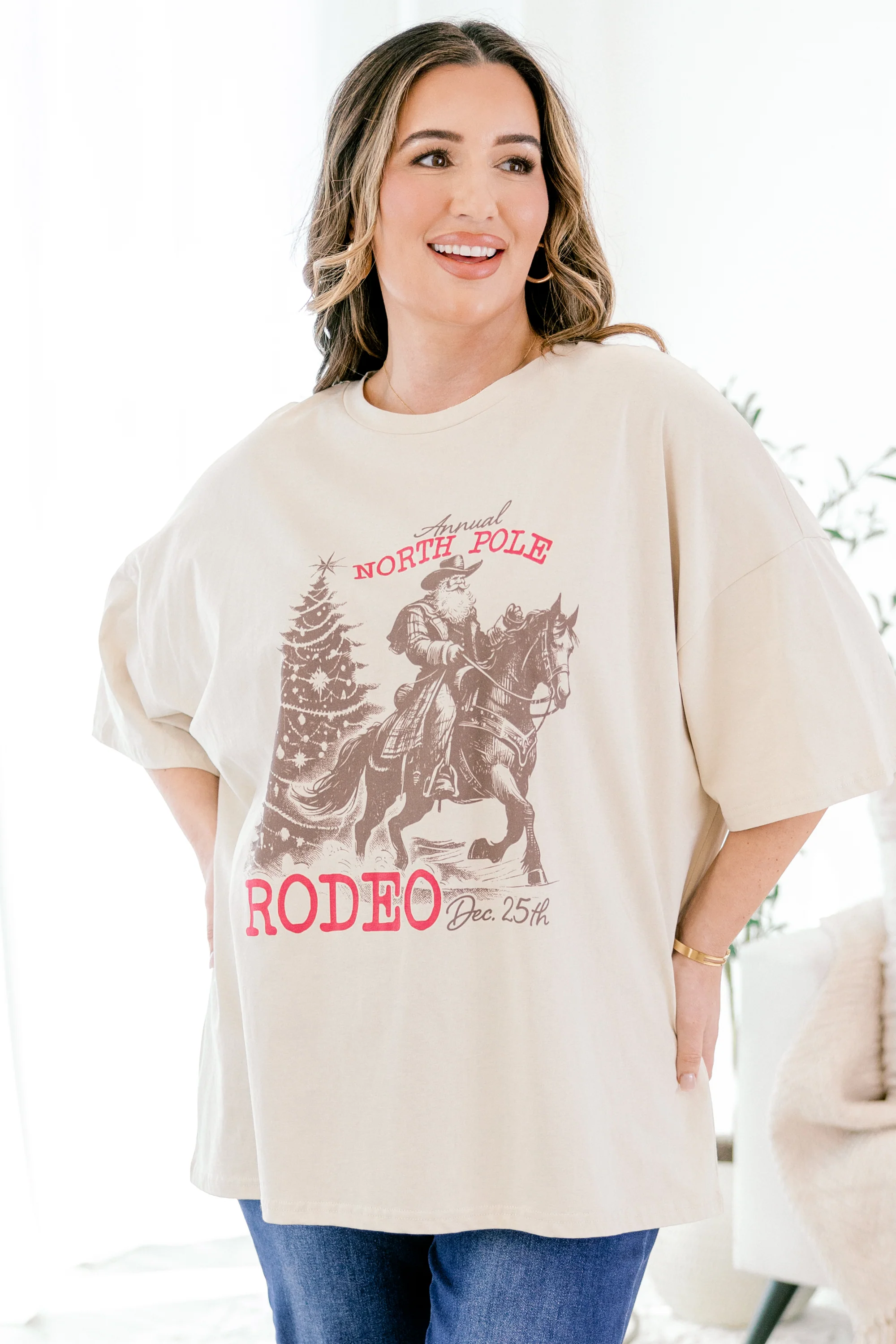 North Pole Rodeo Boyfriend Tee, Light Mocha - Giverhouse