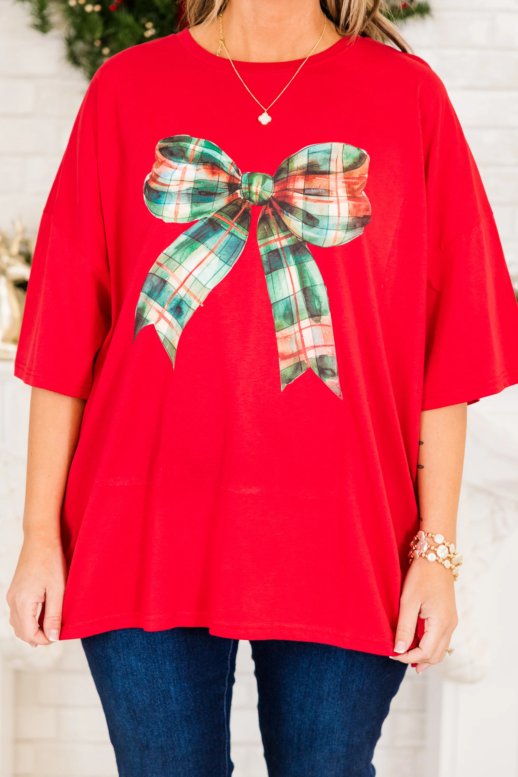 Wrapped In A Bow Boyfriend Tee, Red - Giverhouse