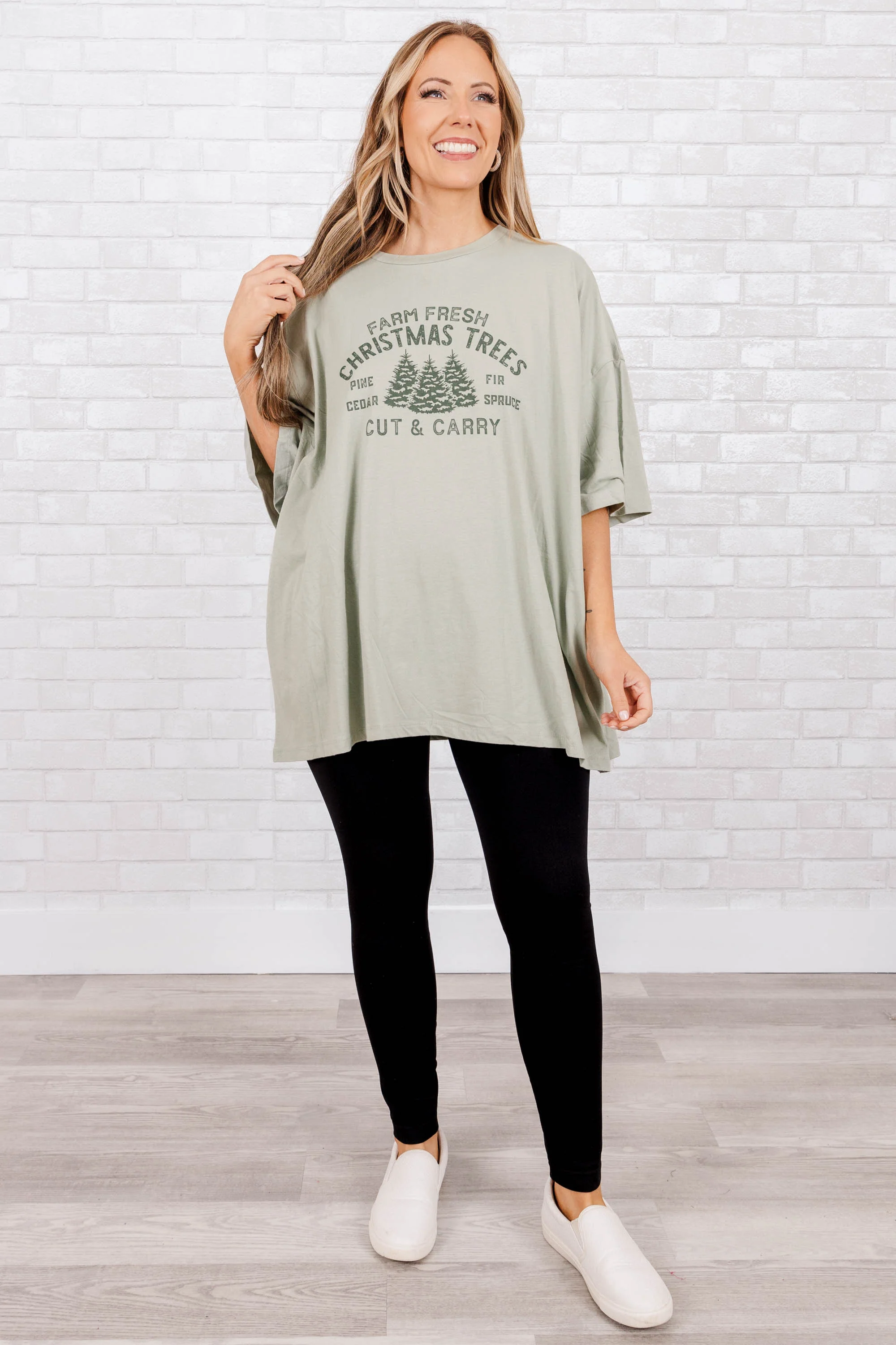 Farm Fresh Christmas Tree Boyfriend Tee, Sage - Giverhouse