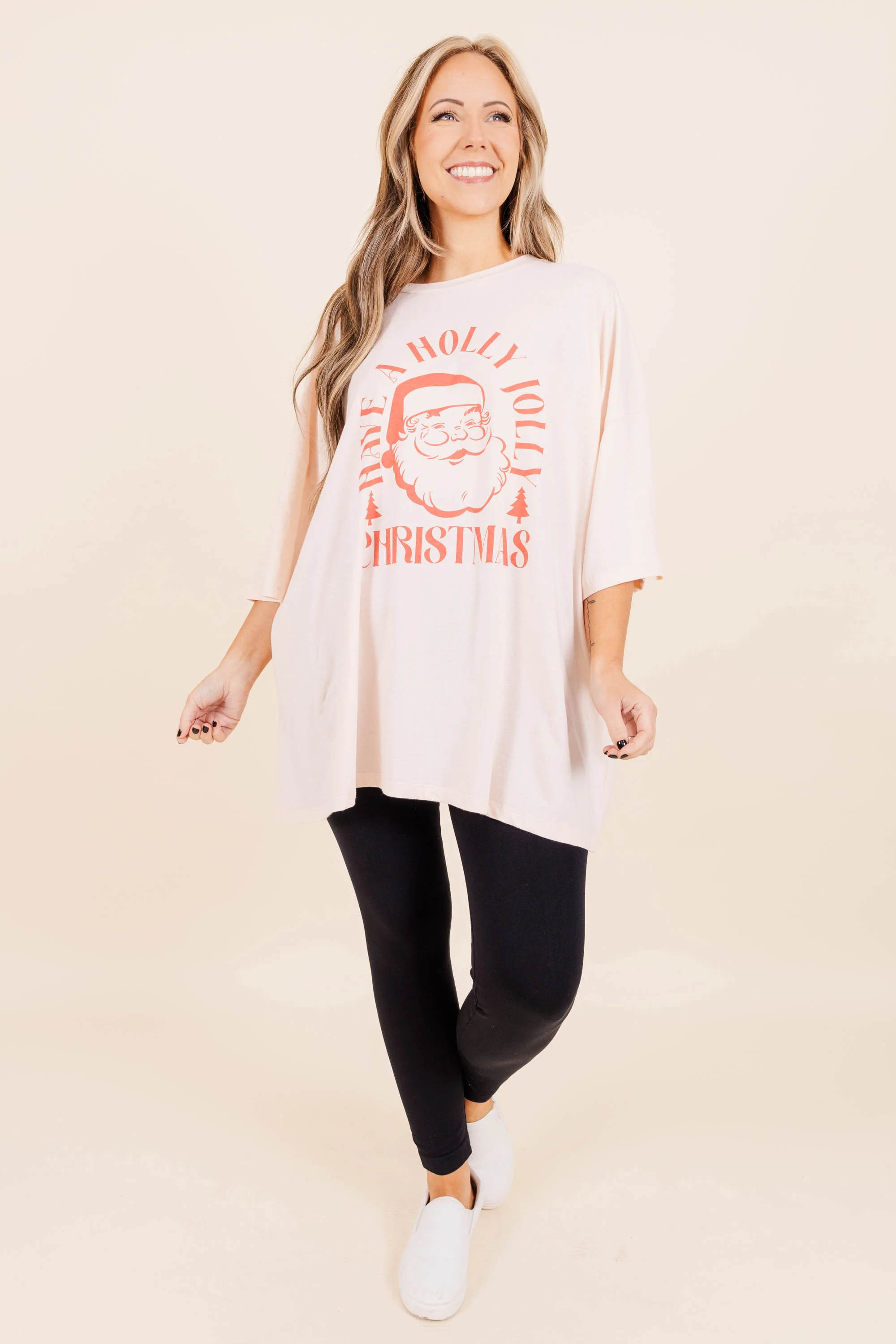 Have A Holly Jolly Christmas Boyfriend Tee, Cream Pink - Giverhouse