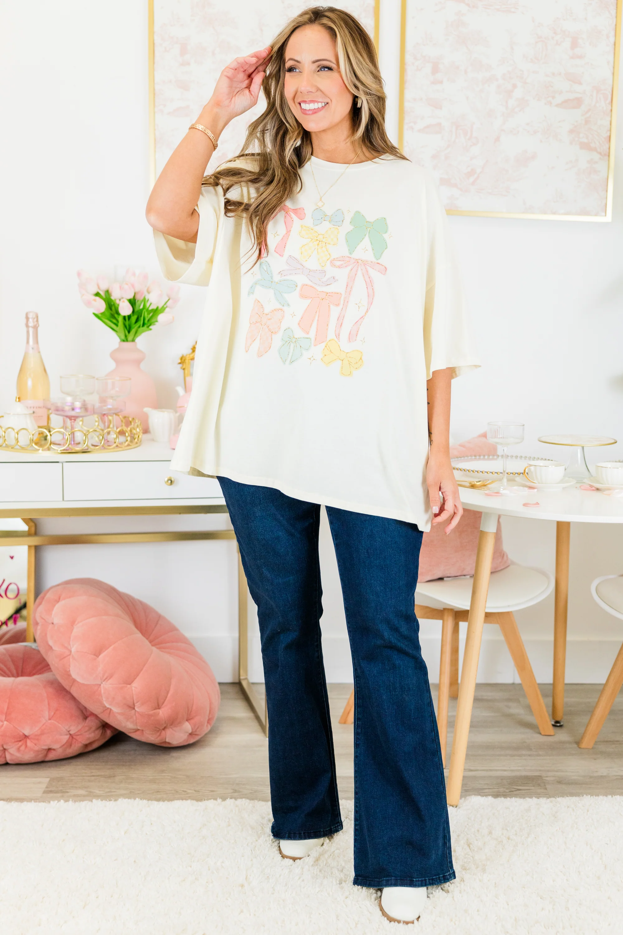 Mixed Bows Boyfriend Tee, Ivory - Giverhouse