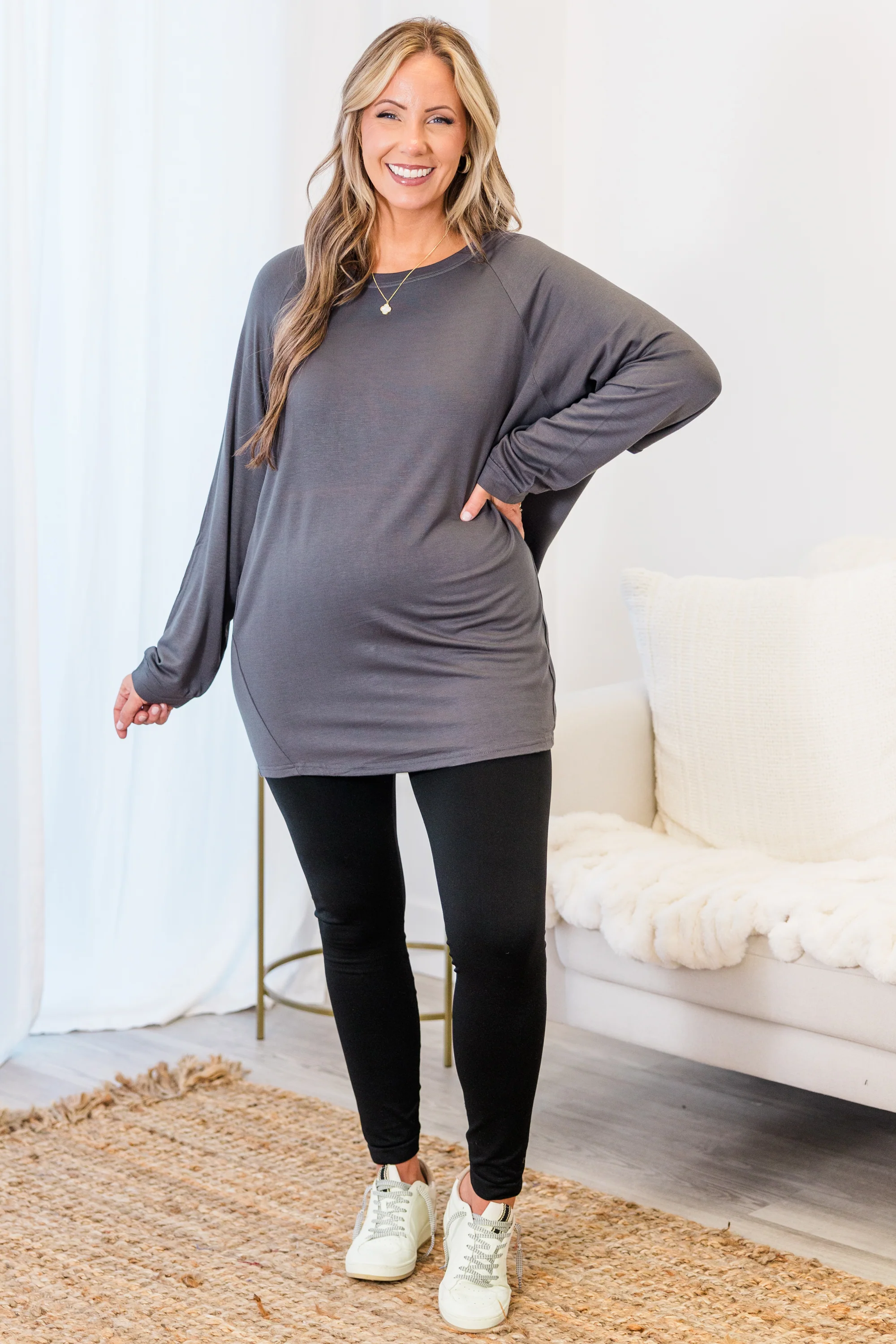 Relaxed Hem Slouchy Dolman Tunic, Charcoal Fleece - Giverhouse