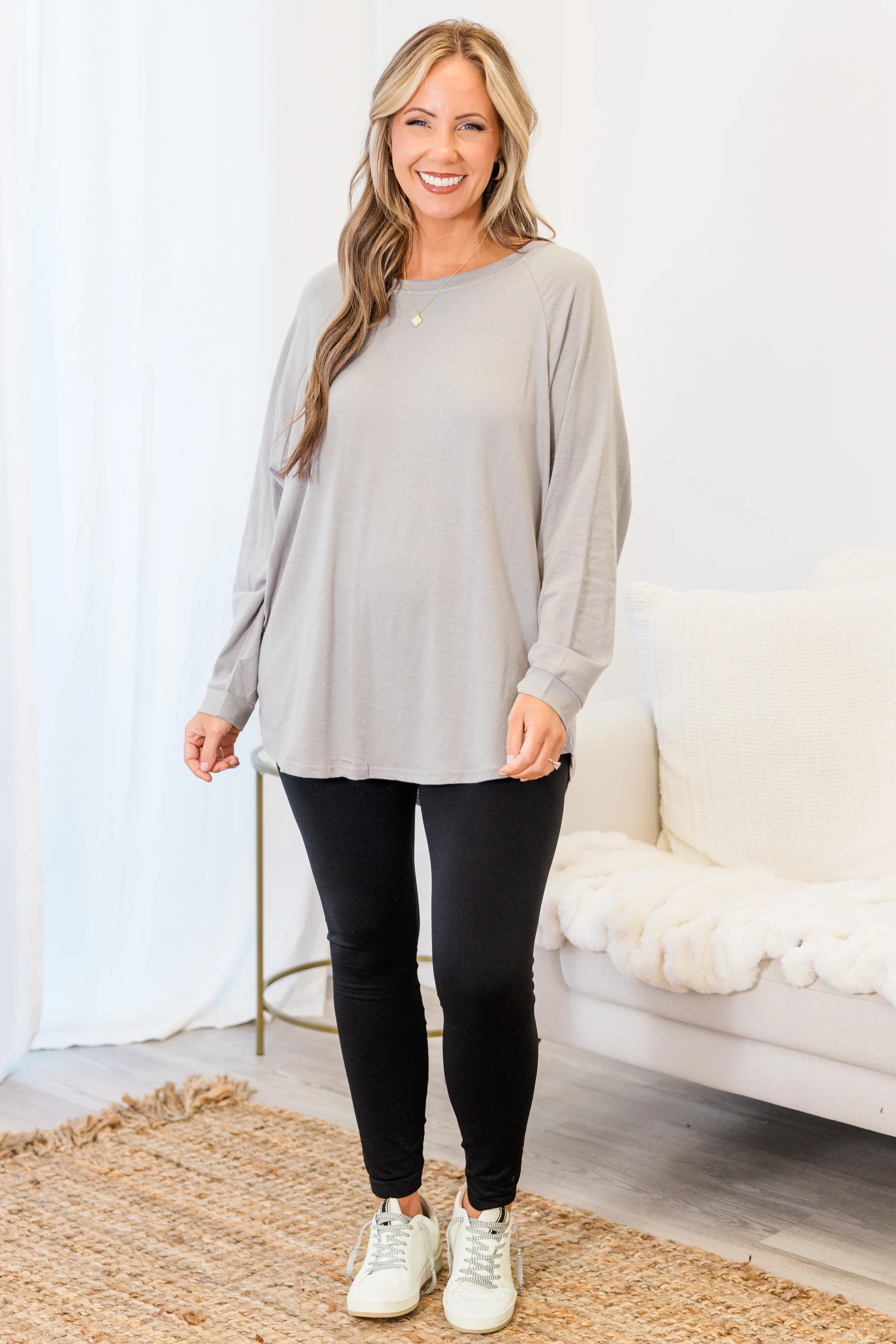 Curved Hem Slouchy Dolman Tunic, Smokey Gray - Giverhouse