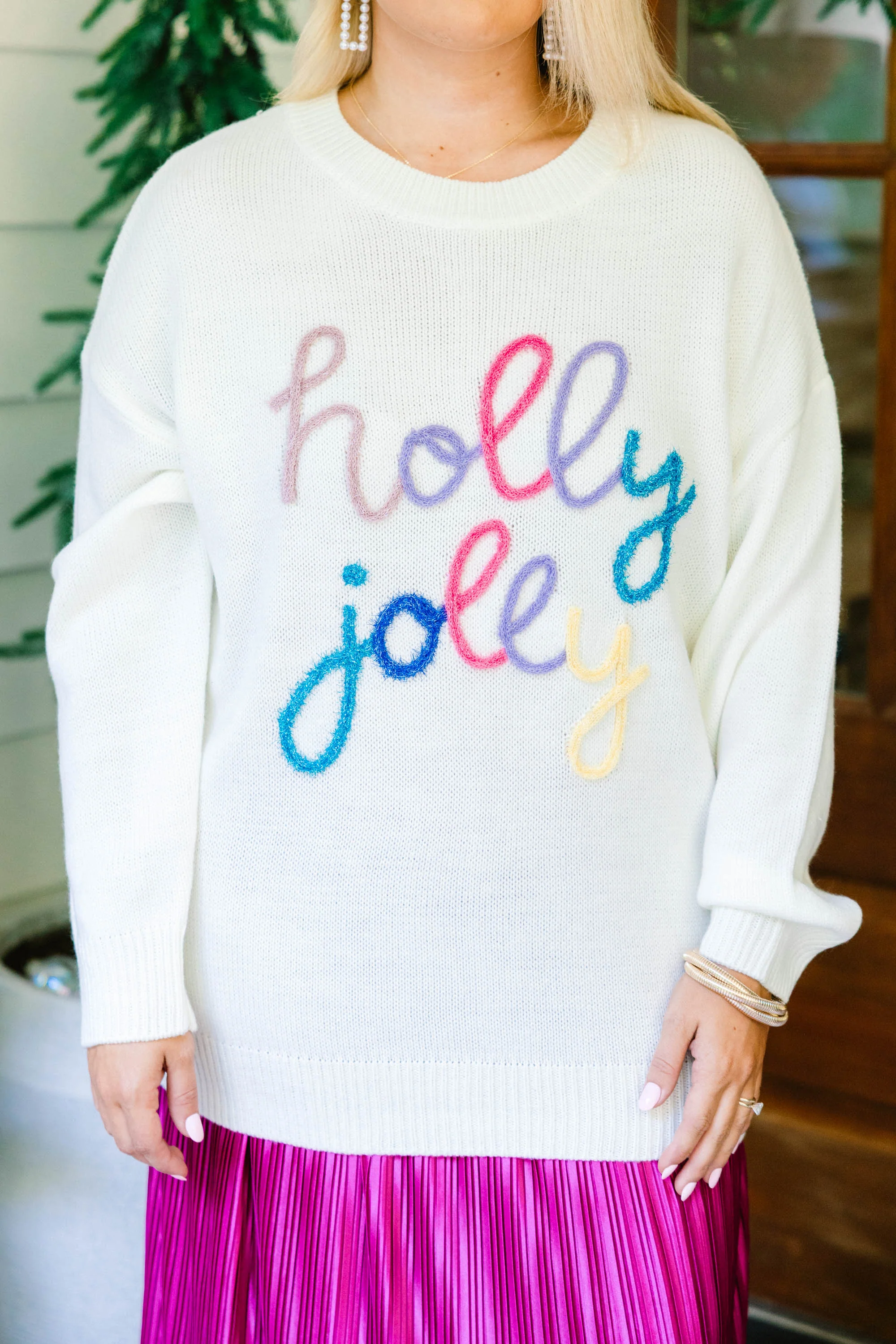 Holly Jolly All The Way Sweater, Cream - Giverhouse