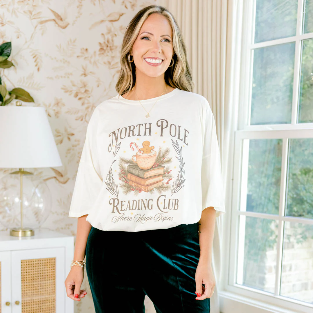 North Pole Reading Club Boyfriend Tee, Ivory - Giverhouse