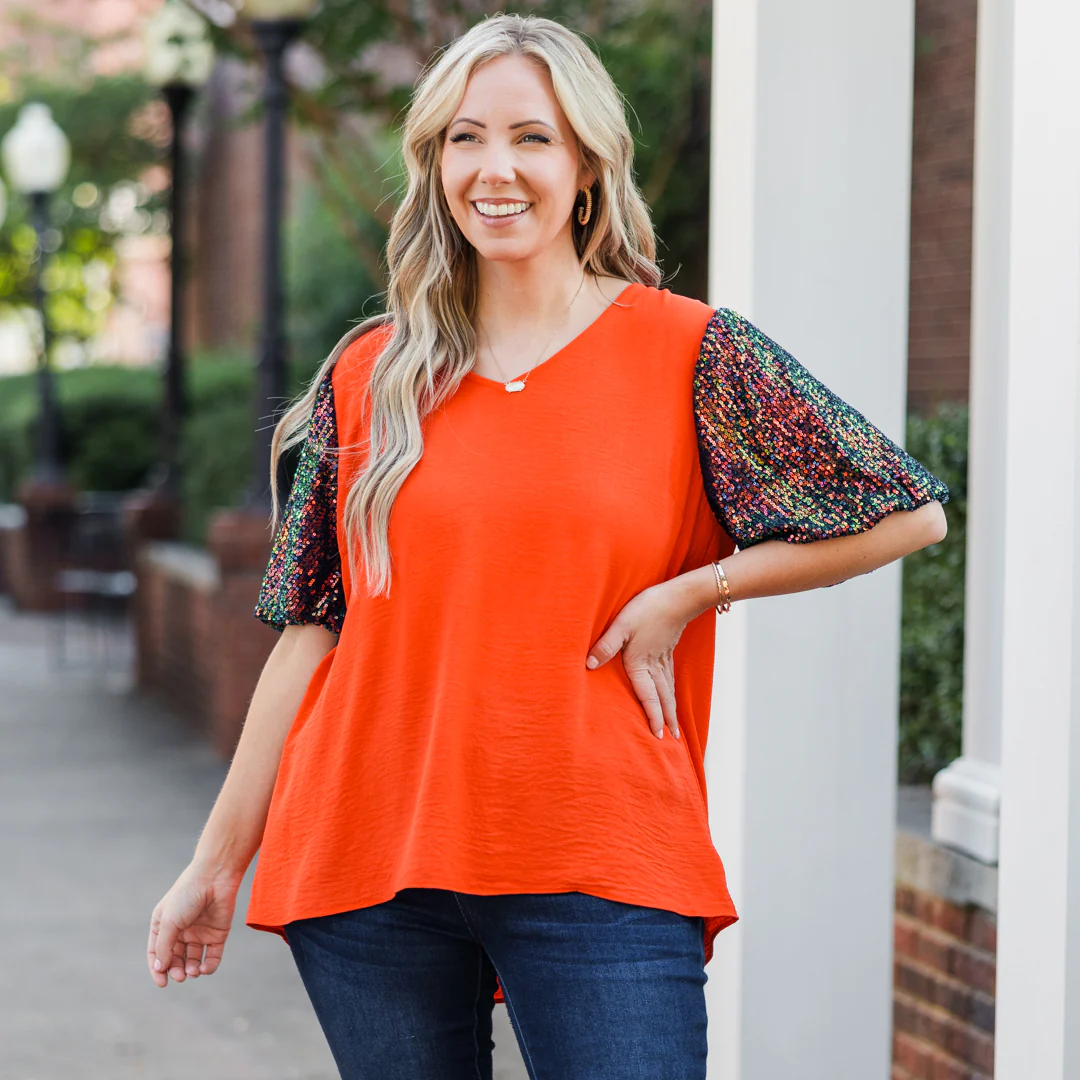 Gameday Glam Top, Orange-Navy - Giverhouse