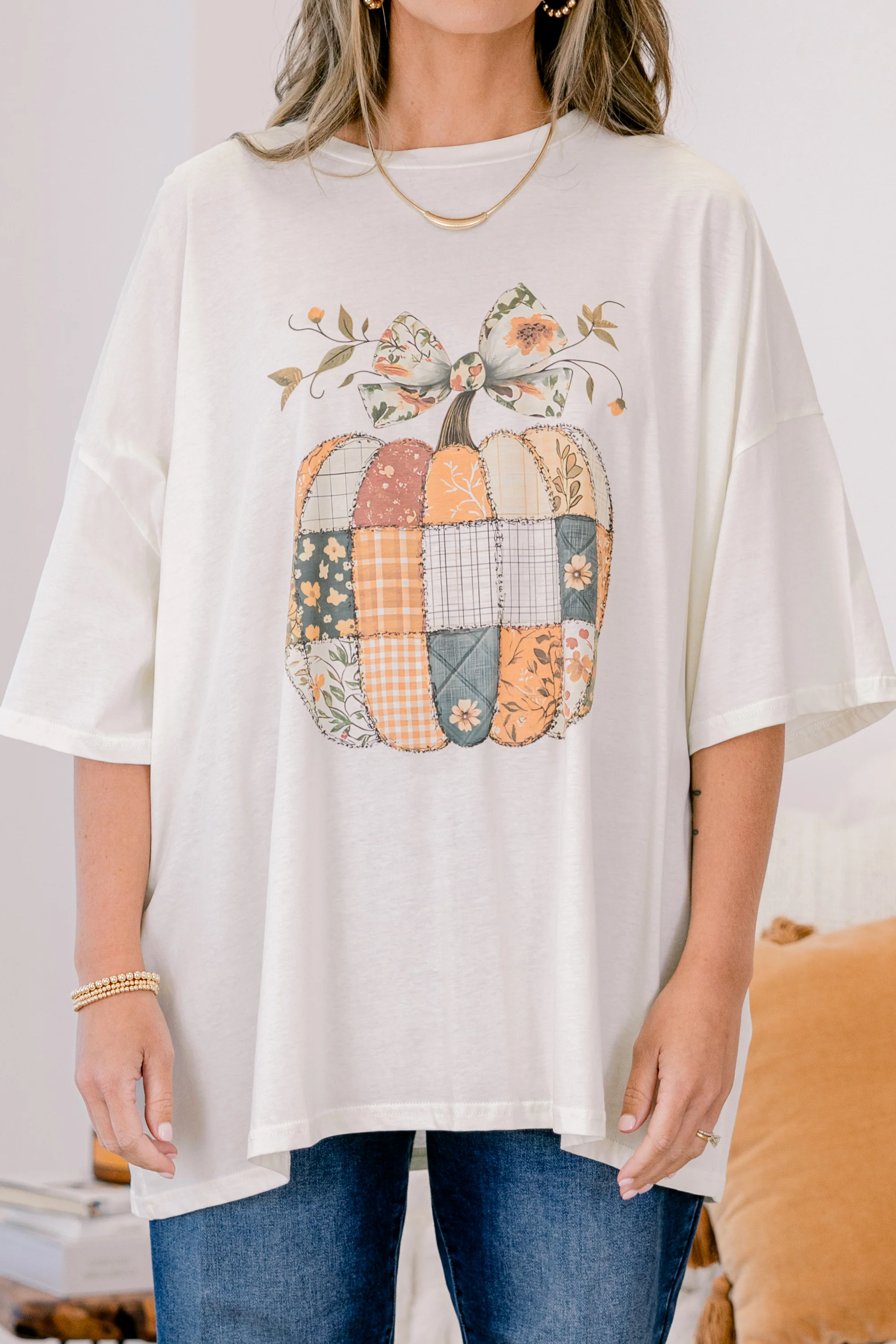Patches of Pumpkins Boyfriend Tee, Ivory - Giverhouse
